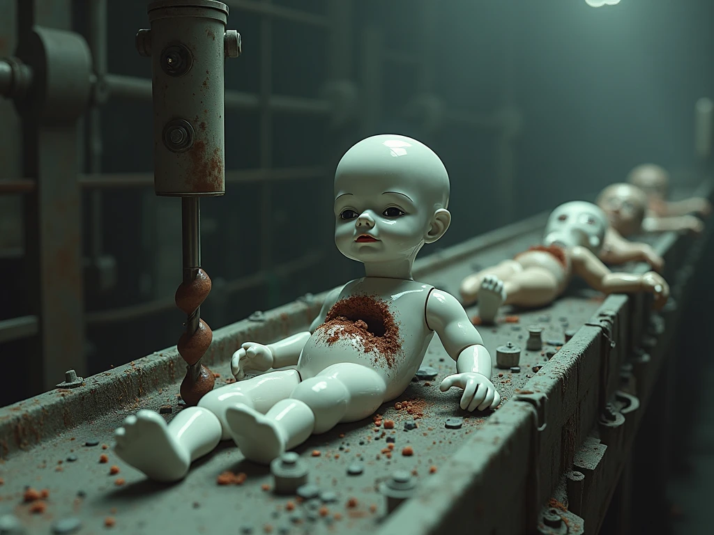 A horror doll workbench, which is in a basement with an old lamp on the ceiling. Dark and scary.