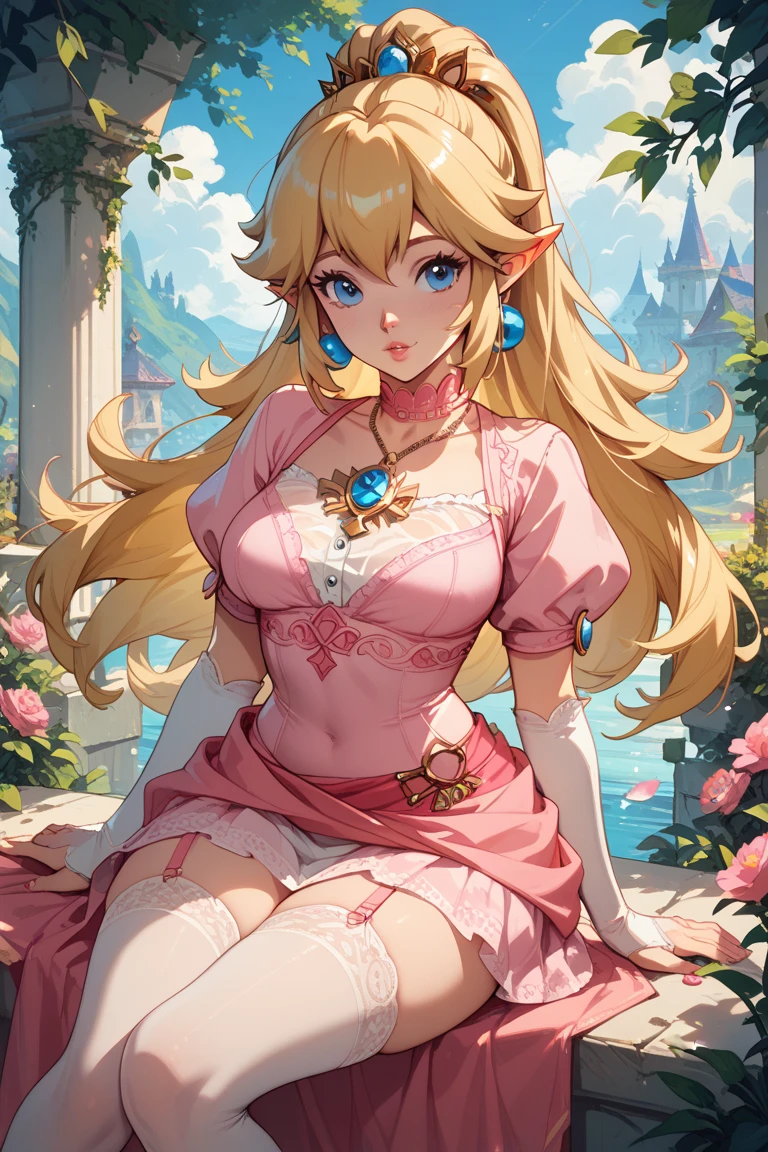 (masterpiece), (best quality), (ultra detailed creation), young lady, ((bikini transparent)), (locate in a castle), huge breasts, thighs, blush, seductive pose, (((solo)))