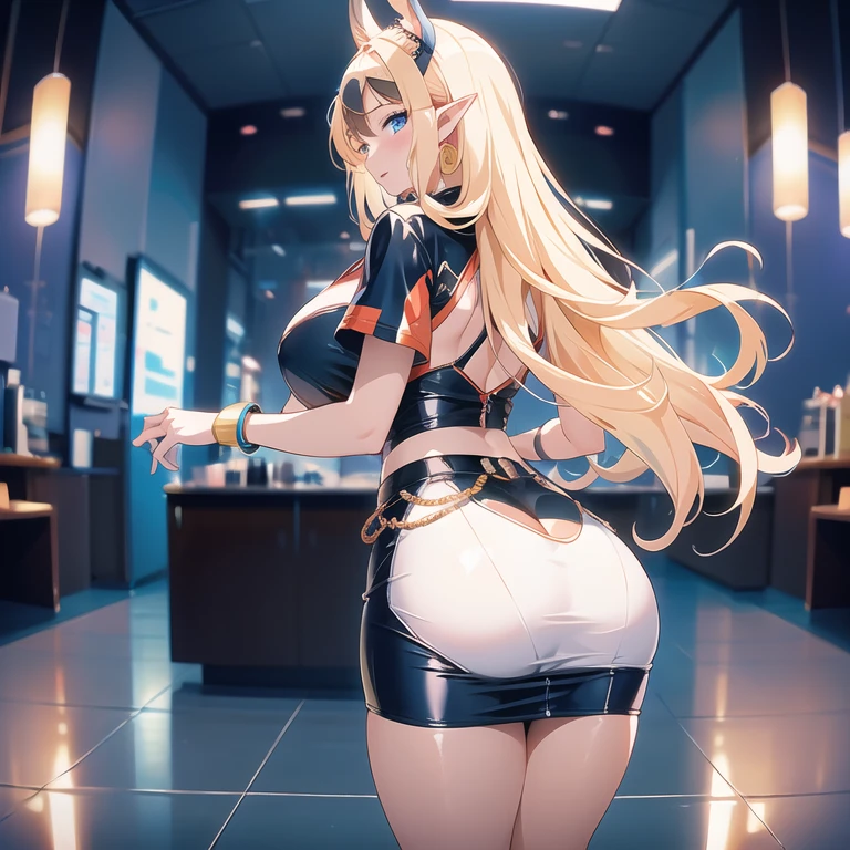 Blonde Woman, has pigtails, en tenue de cheerleder sexly, in an internship, cheerleader figure, ( big boobs 1.2), hourglass shaped horns, sexly, Ultrarealist, 8k