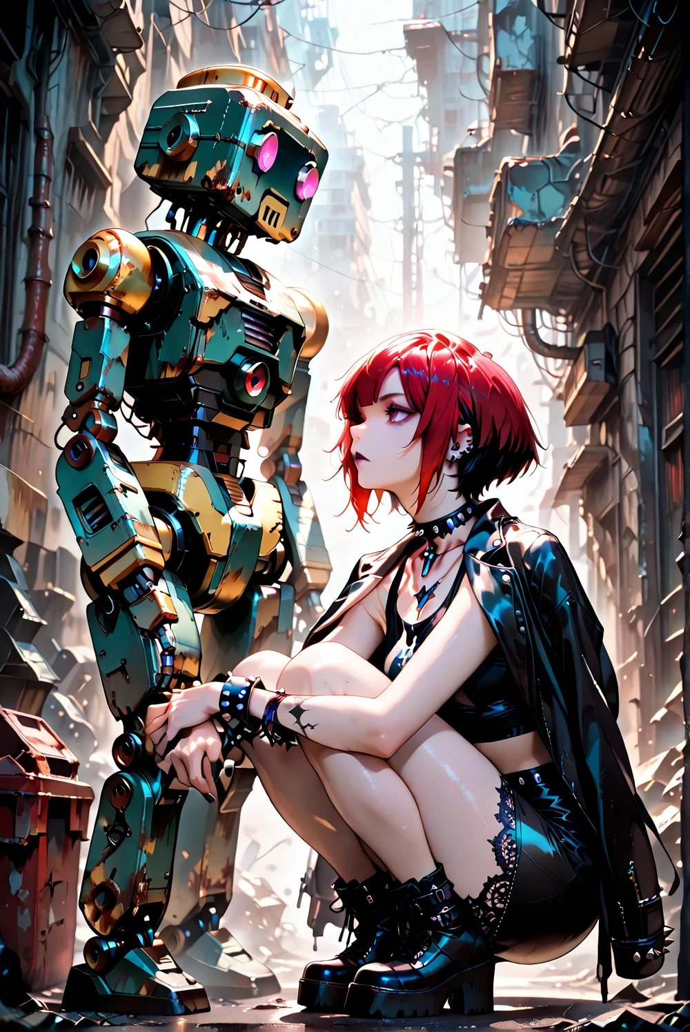 （（best qualtiy））， （（tmasterpiece））， （The is very detailed：1.3）， 3D， Shitu-mecha， Beautiful cyberpunk woman with her mech in the ruins of the city of the forgotten war， Ancient Techniques， HDR（HighDynamicRange）， Ray traching， NVIDIA RTX， Hyper-Resolution， Unreal 5， sub surface scattering， PBR Texture， post-proces， Anisotropic filtering， depth of fields， Maximum clarity and sharpness，