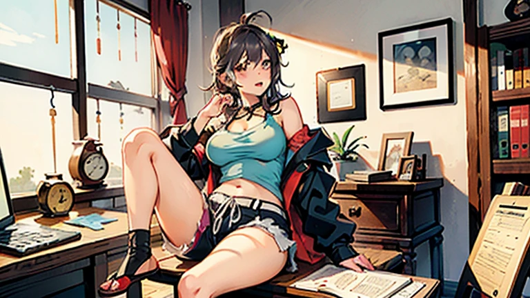 (masterpiece:1.2), (Military uniform magazine cover:1.4),best quality,PIXIV,Sweet girl , sexy posture,1girl, (perky chest:1.2), rolling upskirt by wind:1.6, (with sparkling eyes and a contagious smile),open mouth, (pointed chest:1.2),fishnets, black hair, boots, long hair, black nails, skirt, shirt, black footwear, bag, black skirt, jewelry, jacket, thigh strap, bangs, necktie, earrings, nail polish, multicolored hair, looking at viewer, full body, bottle, own hands together, belt, jacket on shoulders, food, cats on head, ring, choker, english text, collared shirt, blue eyes, hat, lace-up boots ,masterpiece、highest quality、Very detailed、An illustration、Beautiful fine details、One Girl、cute、Detailed landscape、Training Room Background:1.4、Platinum Blonde Hair、Braided Ponytail、Red camisole、((c cup breasts, Tank top showing underboob:1.4))