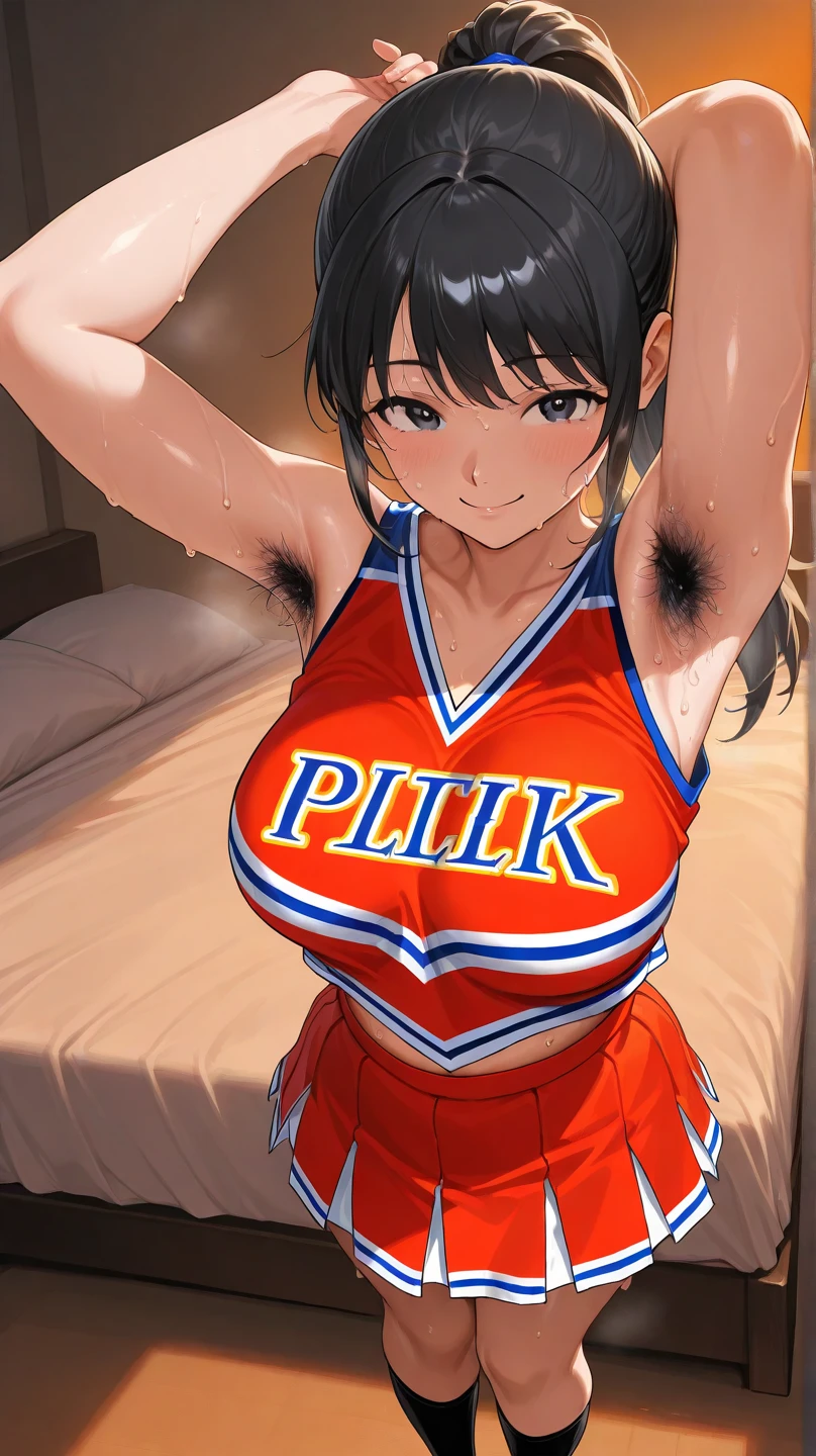 Cheerleader with demon tail, big , having sex, bun hair style , with black tiny demon horns, wearing necklace, on bed