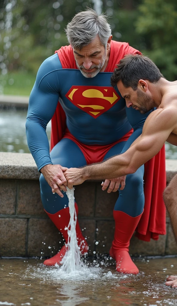 score_9, score_8_up, score_7_up, score_6_up, score_5_up, score_4_up , ,photo realistic,2men,
slim old man Alfred (butler, intelligent, gentlemanly, slim, in his 60s) and young guy Batman (hairy, muscular,handsome, tall, body covered in scars,30years old) wearing only a mask embrace each other in the shower in white briefs