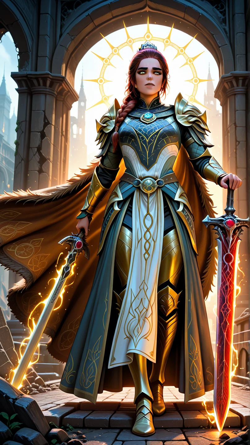 (((full body photo))) HKStyle,Envision a striking woman in battle-worn, (realistic skin:1.5), (beautiful face:1.4), white armor, her presence exuding both strength and grace within a minimalist, pure white sanctum. ((Full body photo,standing, feet on the ground)) Her armor, though predominantly pristine, is artfully adorned with a cascade of celestial motifs and intricate filigree that shimmer with a subtle iridescence. In her hand, a formidable sword with an ornate hilt and a blade that reflects a kaleidoscope of ethereal colors, as if forged from the very essence of light. The wall behind her comes alive with an explosion of vibrant, cosmic paint splatters, reminiscent of a supernova, with hues of deep purples, fiery oranges, and celestial blues that create a stark contrast against the white room and armor. The vivid paint seems to be in motion, ((Full body photo,standing, feet on the ground)) with droplets suspended in the air, capturing the aftermath of a mythical battle. Her stance is one of defiant beauty, eyes that tell tales of ancient wars, her hair a flowing tapestry of gold that catches the light of the surrounding chaos. The scene is imbued with an otherworldly glow, adding a sense of surreal drama to the composition, making it not just a picture, but a story of the cosmos itself woven into the very fabric of her being