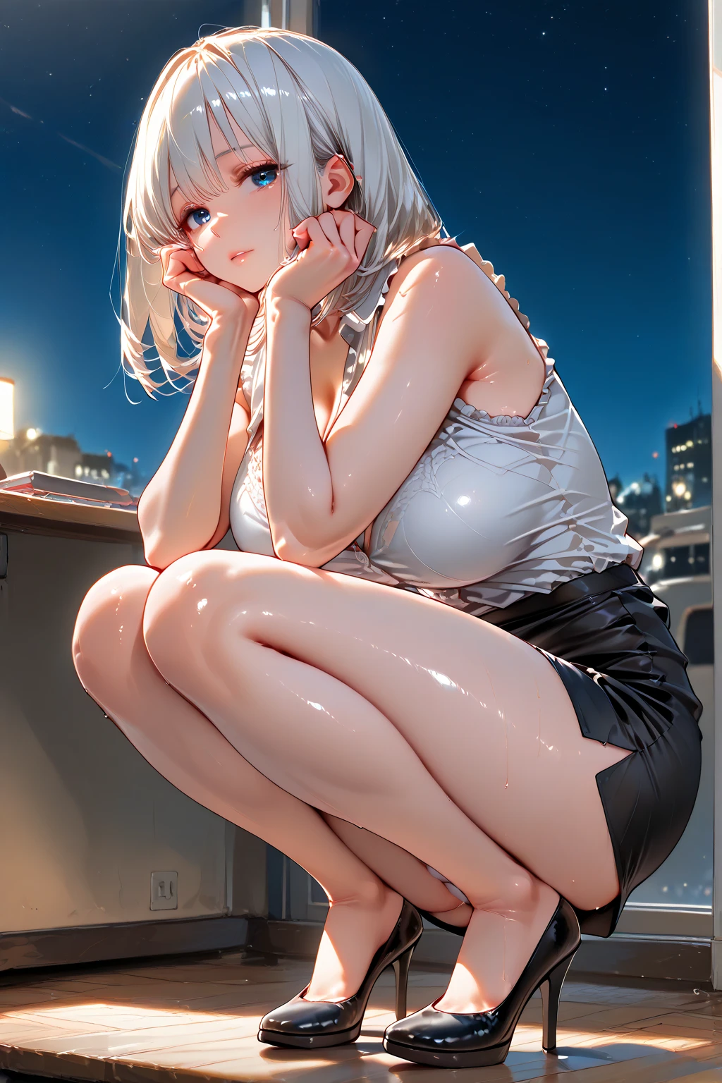 (masterpiece:1.5)、very detailed face and eyes、(Photorealsitic:1.2)、 (FULL BODYSHOT:0.5)、ultra-quality、ultra-detailliert、Perfect drawing、animesque、charming anime girls,、beautiful alluring anime woman、Smooth Anime CG Art、独奏、1girl in、Angle seen from below、((middlebreasts:2.0))、(((fullnude)))、((fullnude))、barechested、(No panties、No bra)、embarassed expression、Opening Mouth、Moisturized eyes、red blush、clearface、((The shape of the pubic area is clearly visible))、((Clearly visible areola))、((Sweat))、(((Spread your legs apart)))、Urine discharge、Squirting from the pubic area、leaking urine、seeing viewing、perfect foot、Luminias、Poses to show off、Accurate drawing、meticulous drawing、Beautiful background、Motion blur effect、school classrooms、near a window、Urban cityscape