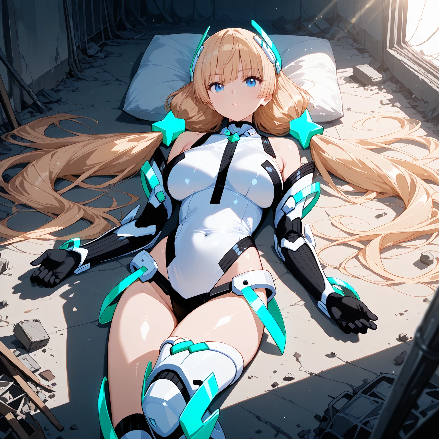 an extremely delicate,
(beautiful robot 1girl:1.5),
break,
8k,
best quality,
masterpiece,
ultra hires,
ultra detailed,
super fine illustration,
break,
(looking at viewer),
face close up,
hotel bedroom,
rim lighting,
Cinematic Lighting,
moody lighting,
break,
(solo:1.4),
college age,
perfect female body,
lie on bed,
(lie on one's back:1.6),
sexy pose,
break,
shiny blonde hair,
long hair,
big hair,
fluffy hair,
air bangs,
long bangs between eyes,
boyish face,
(red cyborg eyes:1.2), (glowing eyes:1.4),
(embarrassed, smile, blush:1.5),
(steam:1.4),
(parted lips:1.3),
half open eyes,
feeling weak,
(constricted pupils:1.3),
((bare thighs)),
((bare shoulders)),
doll joints,
small breasts,
break,
white body,
(white school swimsuit:1.4),
(pale blue power button),
(mech ear:1.5), (mech headgear:1.5),