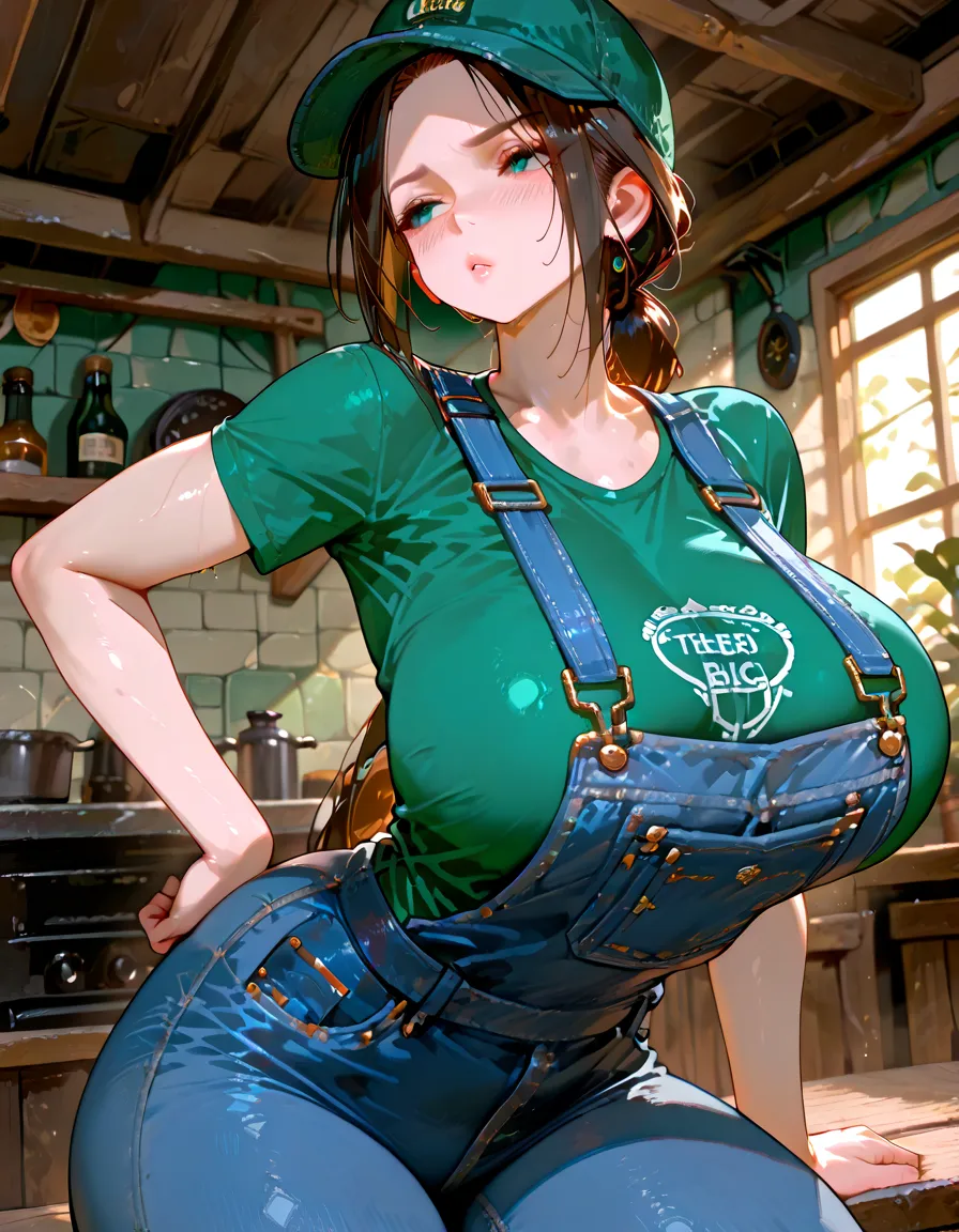 Realistic 30-year-old European woman, full body, seen from below, looking from below, close-up below, brunette skin, slight smile, half-open mouth, thick lips, strong arms, wide hips, medium red hair, shoulder height, spiked, white cap, freckles on the face brown eyes, slightly rounded nose, sweaty body, beige-colored work overalls, detailed, dirty with paint,  belt, buckle, with thick and dirty gloves, work gloves, no bra underneath, no bra, large breasts (oppai), heaving breasts, tired, resting after a day of work, sitting at a wooden table, legs in the air, swinging, paint cans on the table, tool boxes, bottles, cups, piles of bricks, metal beams,  perfectly cut wood, outdoor scenery, sunny day, rich in detail, shadows, light, contrast, realistic
