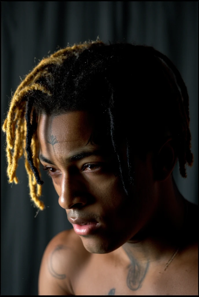 a selfie portrait picture of a young adult athletic black man, his face is youthful and sassy, he's laying on his bed, he's wearing underwear and crop top, we can see the whole outfit, his eyes are brown, his hair is in tight curls with one side being blonde and the other side being black. His face is rounded and pretty, his eyes are foxy and shiny, his lips are thick, he has an Italian nose, his cheekbones are well defined and soft, his skin is glowing.