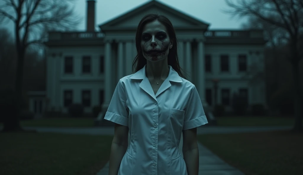 A zombie nurse female, holding a plush toy in left hand, in a children's playground, (best quality,4k,8k,highres,masterpiece:1.2),ultra-detailed,(realistic,photorealistic,photo-realistic:1.37),zombie nurse woman,children's playground,plush toy in hand,cinematic lighting,moody atmosphere,horror,gore
