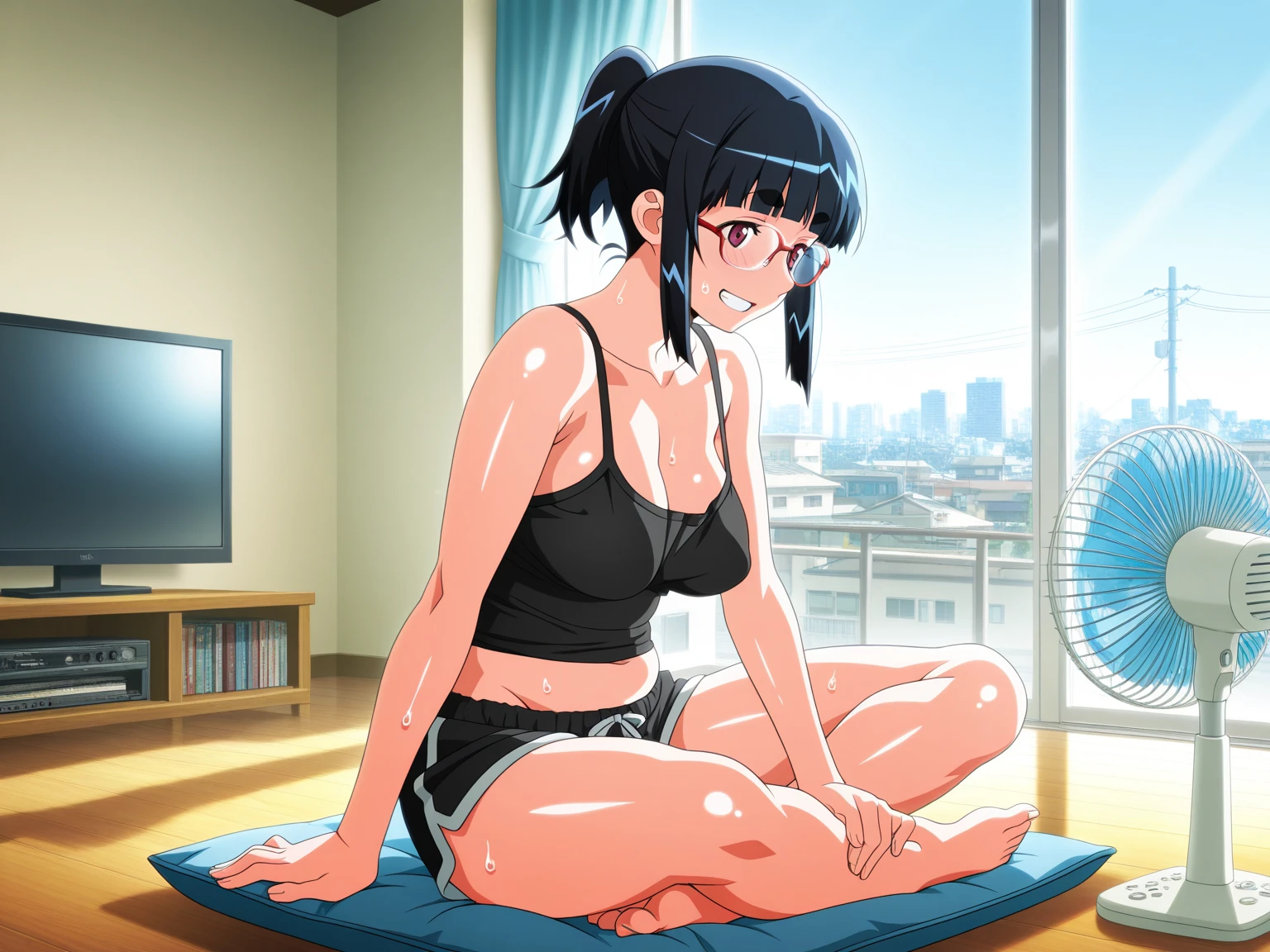 mulher anime, tiny clothes, shorts, sala de estar, yoga pose, barefoot, feet visible, tanned, milf