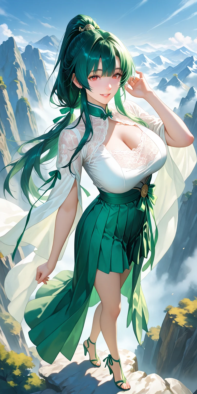 (best quality:1.5, highres, UHD, 4K, detailed lighting, shaders), green wavy hair, large breasts, woman white and green shirt, small skirt, green skirt, (pov), full body, white background, colorful eyeshadow, dramatic lighting, sparkling eyes, confident expression, golden earrings, flowing hair, delicate facial features, soft skin, high cheekbones, stylish clothing, urban setting,white background
