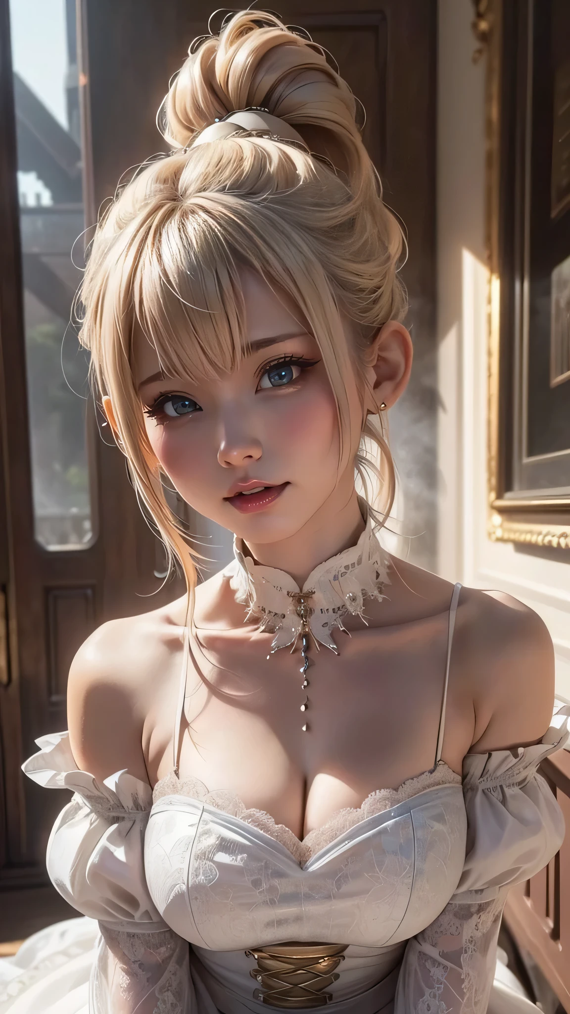 8K, Best Quality, Masterpiece, Ultra High Resolution, (Realism: 1.4), (Realistic Skin Texture: 1.3), 1 beautiful girl, Long platinum hair, Wearing frill lingerie, Background basement with a bucket, chained through a collar on her neck, sitting, sad, small boobs, doggy style