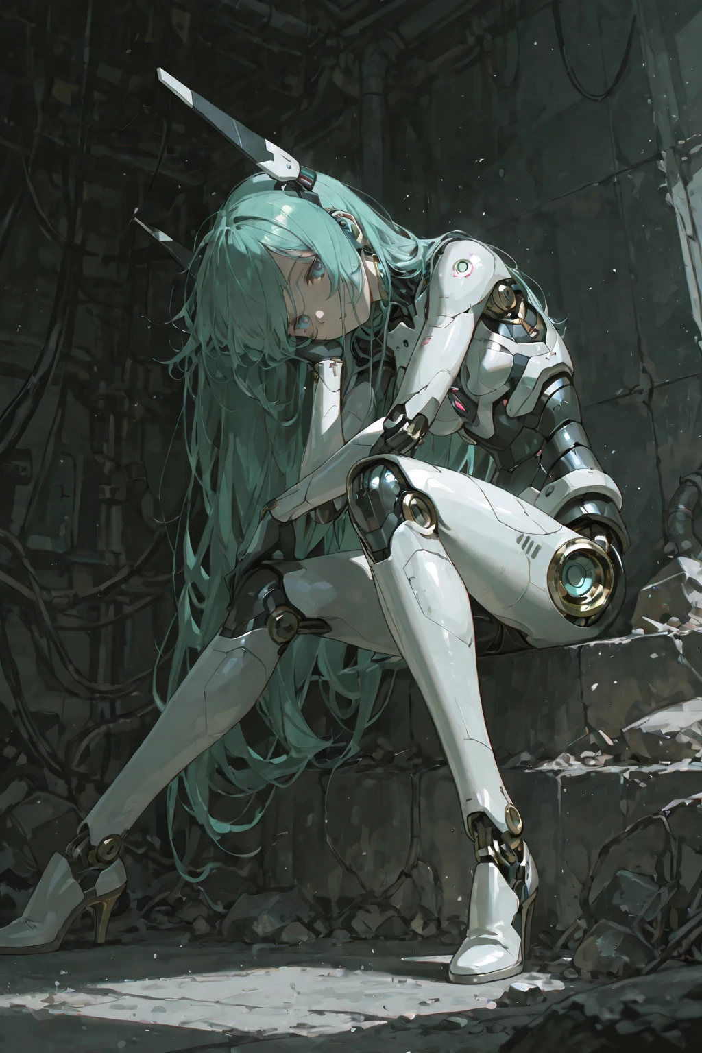 (masterpiece, top quality, best quality, official art, beautiful and aesthetic:1.2), (1girl:1.3), extreme detailed,colorful,highest detailed ((ultra-detailed)), (highly detailed CG illustration), ((an extremely delicate and beautiful)),(from side),cinematic light,1girl,solo,full body,(mechanical vertebra attaching to back),((mechanical cervial attaching to neck)),(sitting),expressionless,(wires and cables attaching to neck:1.2),(wires and cables on head:1.2)(character focus),science fiction,white background,