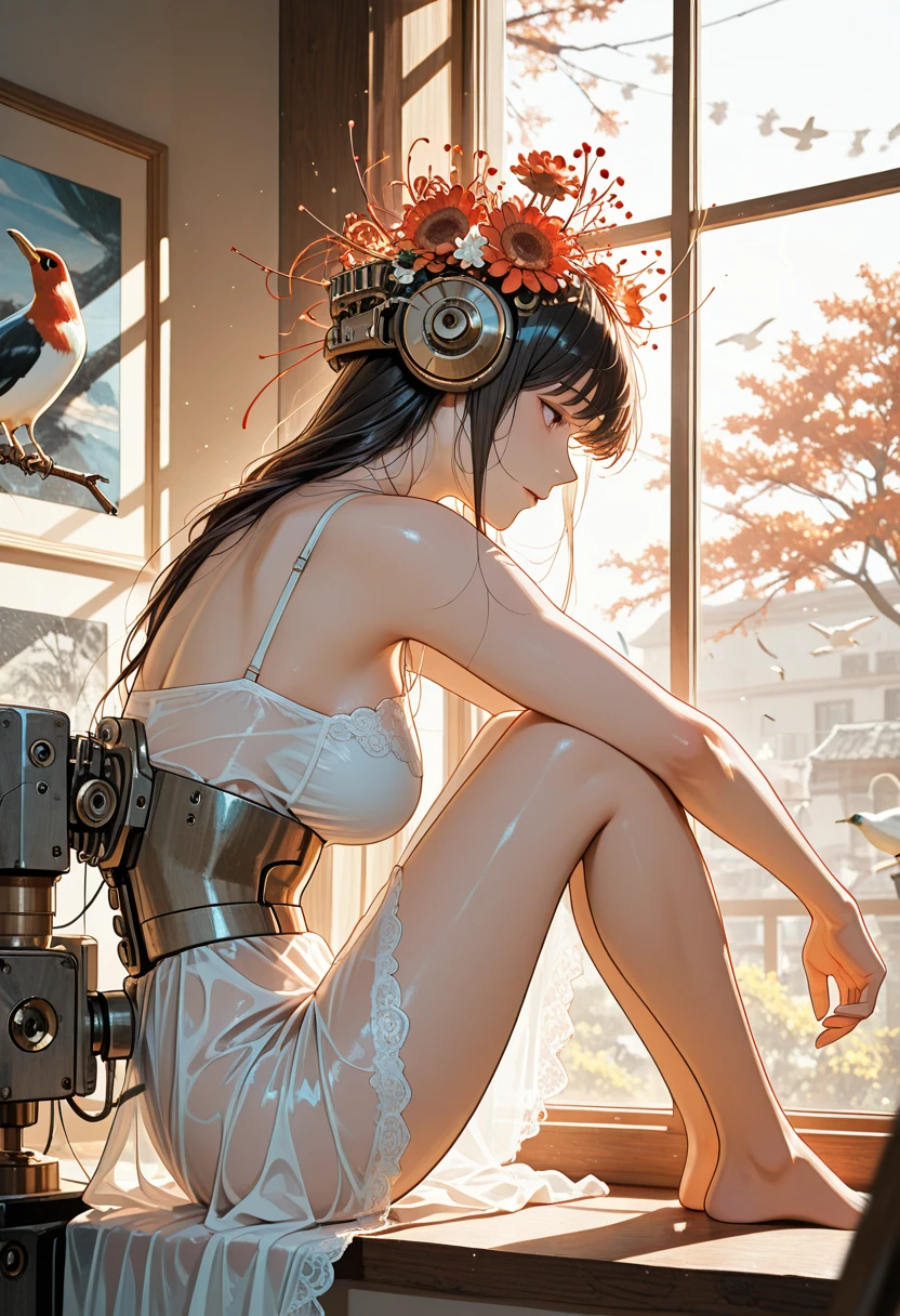 (masterpiece, top quality, top quality, official art, beautiful and aesthetic: 1.2), (1 girl: 1.3), highly detailed, colorful, best detailed ((ultra detailed)), (highly detailed CG illustration), ( (very delicate and beautiful)), (from the side), cinematic light, ((1 mechanical girl)), solo, full body, (machine joints: 1.2), ((machine limbs)), (connected to tubes) (mechanical vertebrae attached to the back), ((mechanical cervical vertebrae attached to the neck)), (sitting), expressionless, (wires and cables attached to the neck :1.2), (head wires and cables: 1.2) (character focus), sci-fi, white background, (blood: 1.5)