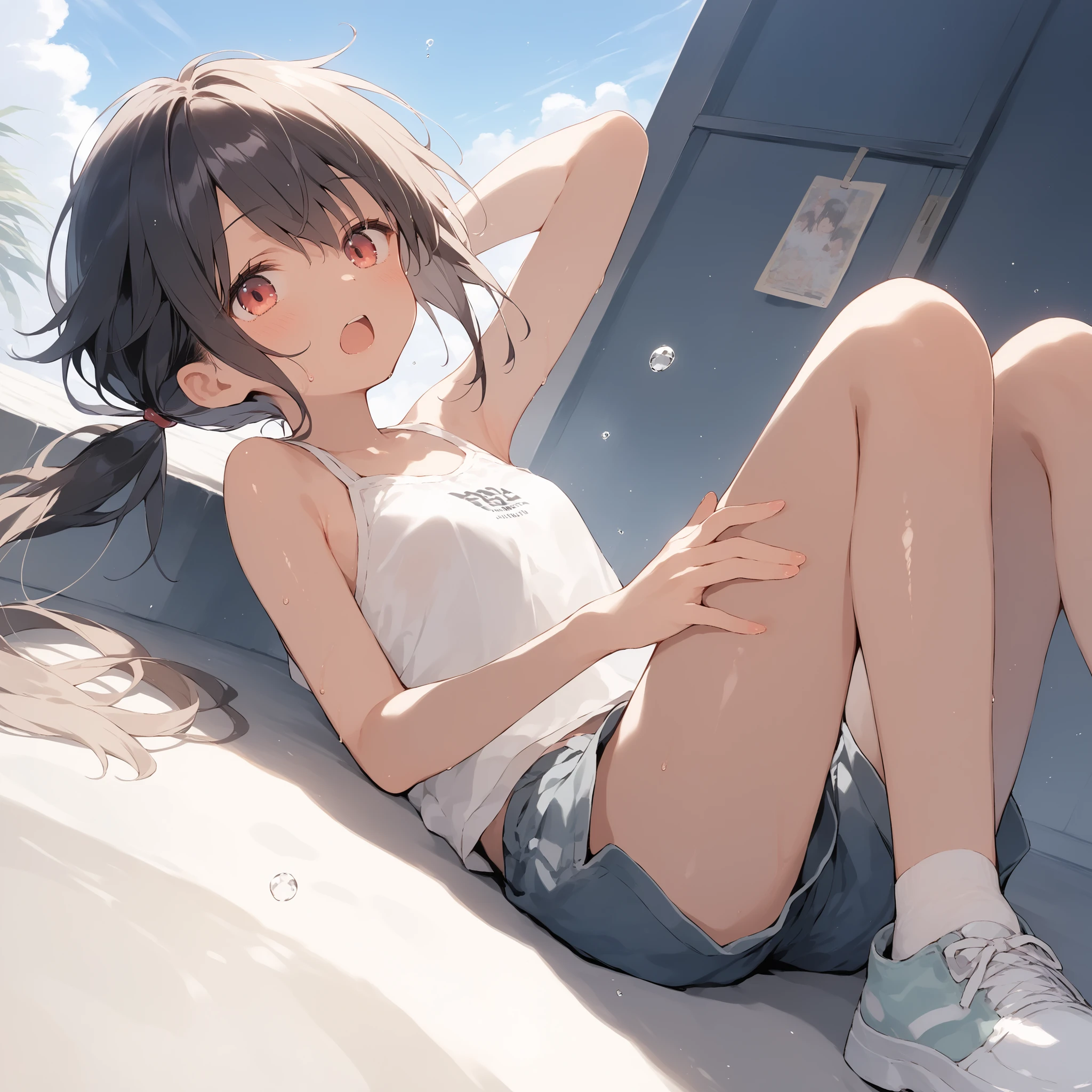 score_9, score_8_up, score_7_up, source_anime, best quality, masterpiece,official art, absurdres, highres, waifu2x,Collection: Slice of Life,break,1girl, tomboy, dark-skinned female, short hair, low ponytail, flat chest, beautiful detailed eyes, short shorts, sweat, open mouth, (yawn:0.3), sleepily, outdoors, wind, break,(clear line illustration:1.2),very high resolution, very aesthetic, super detailed skin, Best sexual lighting powered by famous artist, 8k,cute picture,beauty illustration,photoshop_(medium),,(Detailed Lighting)