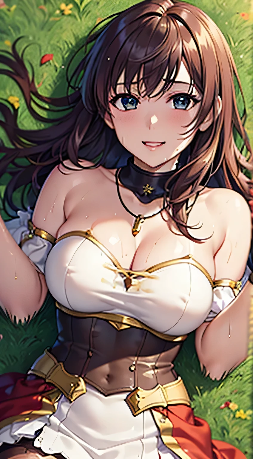 (Highest quality, 8k, 32K, masterpiece, Ultra-high resolution,:1.2),to be born, One Girl,So cute , hair ornaments, eye,Multicolored Hair,Upper Body,Brown Hair,dress, collar, A fantasy background reminiscent of an electronic world, clear, 輝くeye, Age 25 ,Fair skin, Dark green hair girl, Fantasy Clothing, Long Hair, An innocent smile, Large Breasts, Magical Girl, Uses magic, Fighting