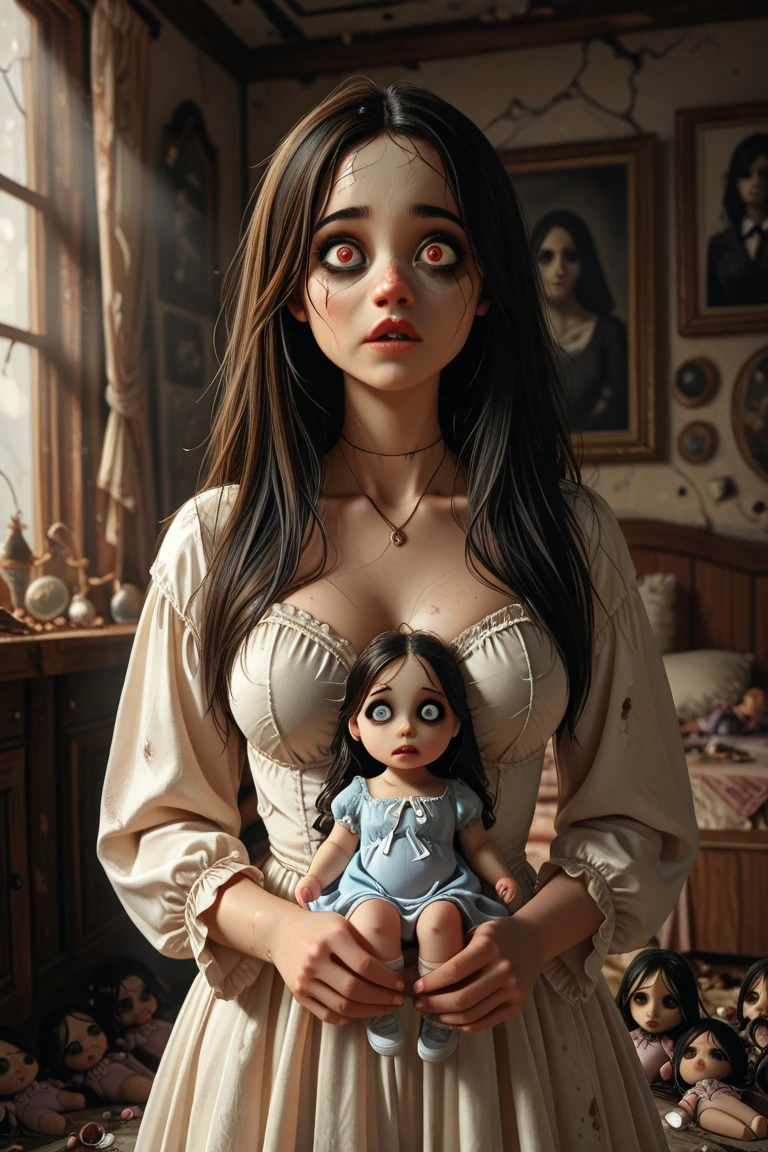 detailed dress, (big giant enormous oversized massive huge colossal breasts:1.5), (gigantic sagging breasts:1.5), (very long wavy hair)