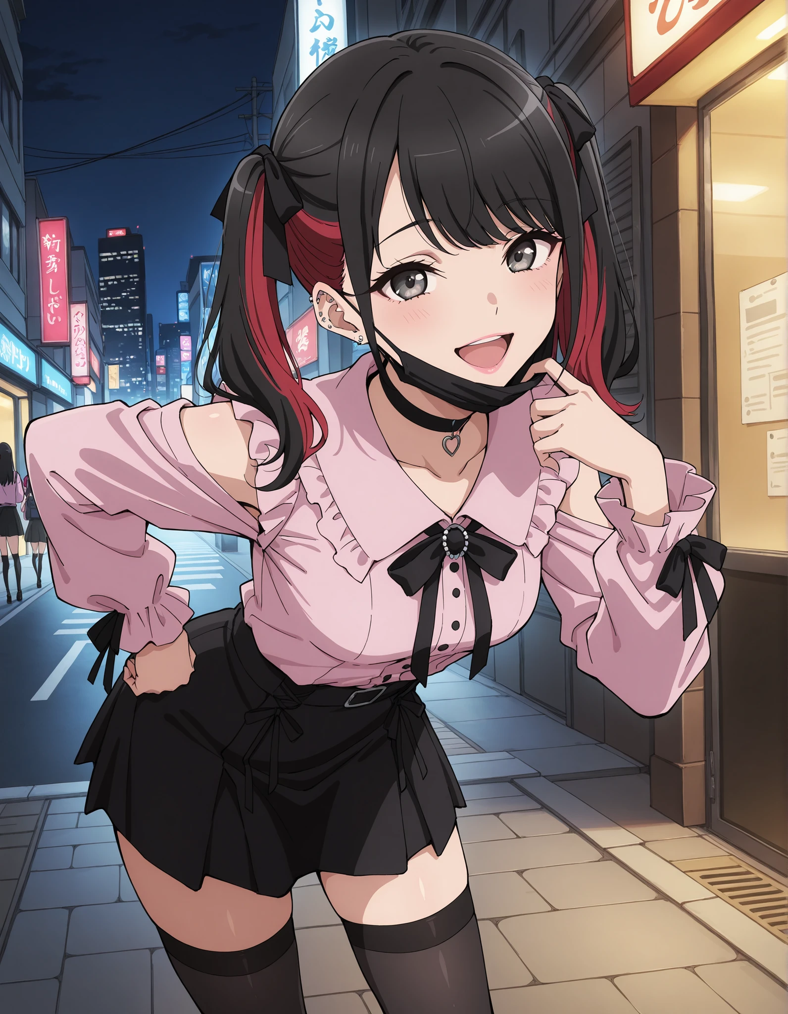 Score_9, score_8_up, score_7_up, source_anime, KJOnowa, solo, grey eyes, black hair, multicolored hair, red hair, twintails, small breasts, (best quality), (high quality), {masterpiece}, extremely delicate and beautiful, ultra-detailed, beautiful detailed eyes, jirai kei, pink shirt, black skirt, black choker, black thighhighs, shibuya, street, night, black mask, mask pull, pink lips, smile, open mouth, leaning forward
