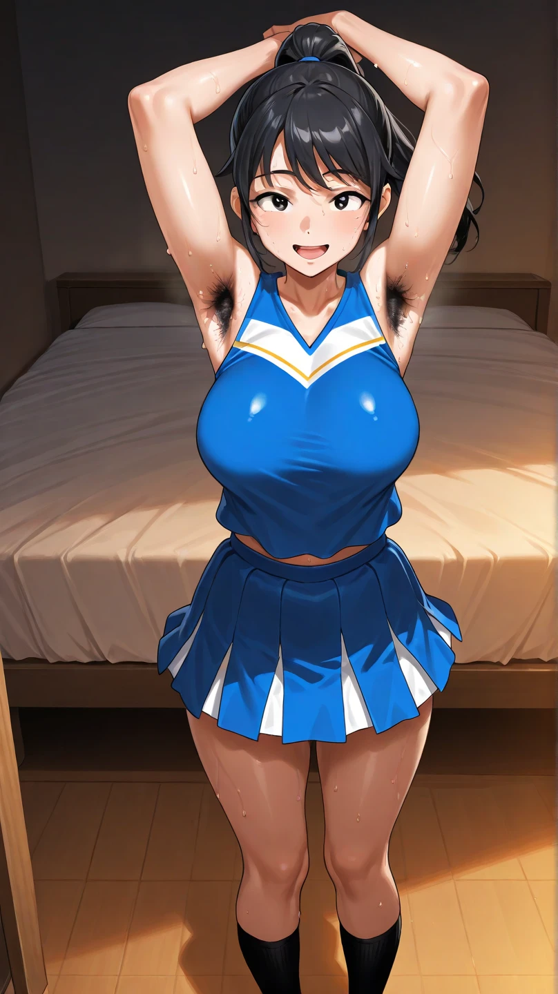 Yaoyorozu , standing , pov from top , big eyes , beautiful face , eyelashes , hot , cheerleader outfit , my hero academia style , big round breasts , sexy , thighs , anime style , cell shading , revealing thighs , side view , lifted skirt , sexy ass , curly hair ,