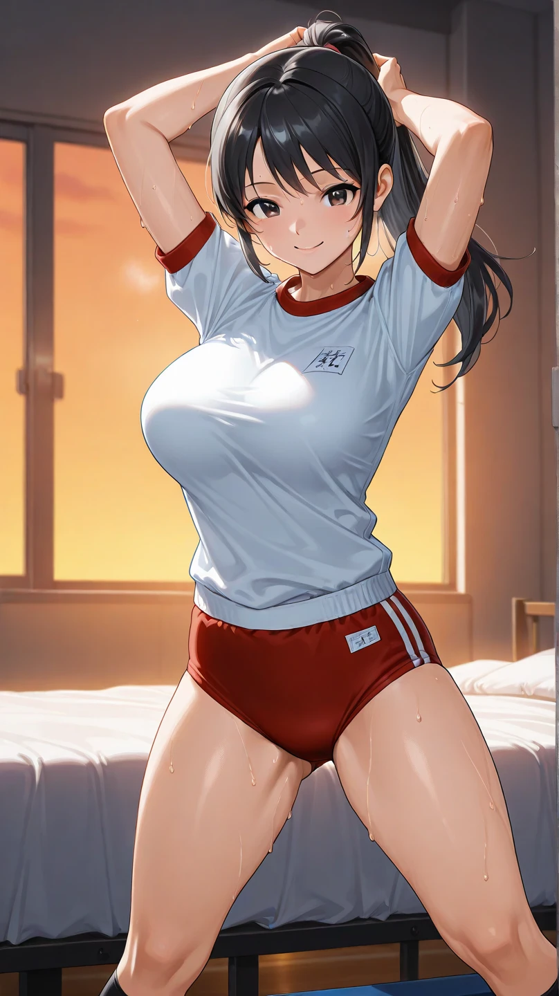 1 girl,face focus,Solo focus,gym_uniform,White,White shirt,masterpiece, best quality, very aesthetic, absurdres,breasts,tight skin,(impossible shirt),(impossible),buruma,Blur