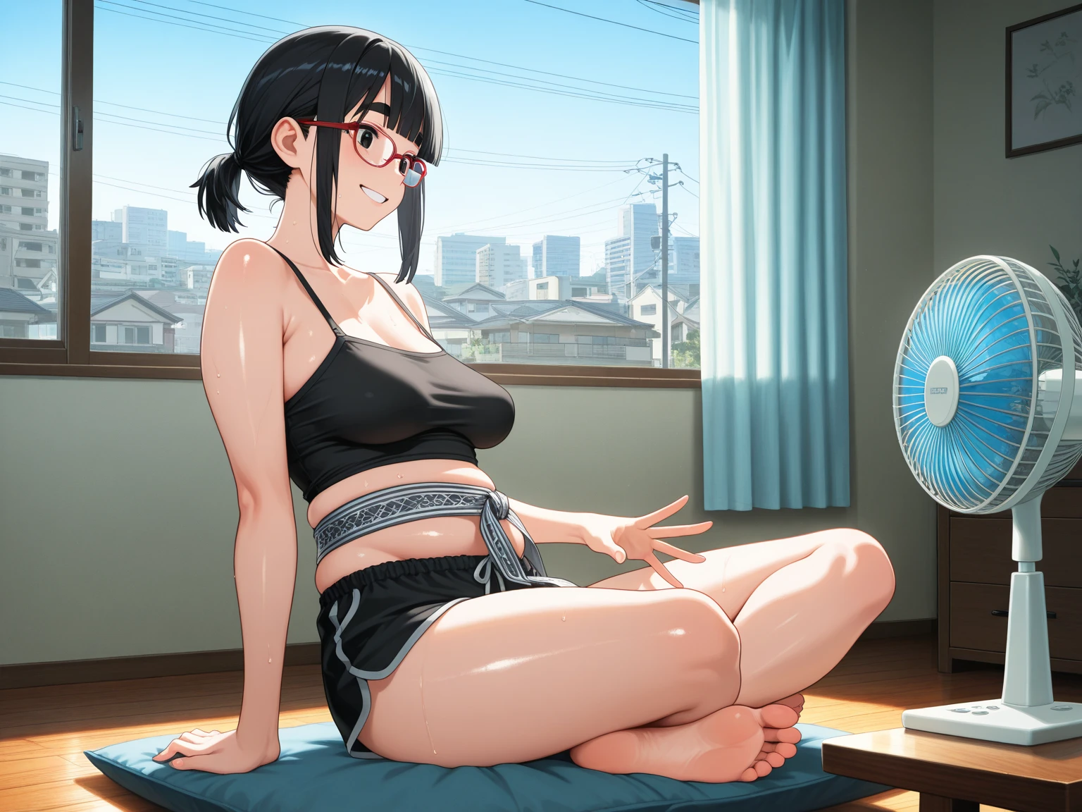 Looking into the camera,Age 35,physical education teacher、1 female,wear rimless glasses、Black hair pixie cut、(She is wearing light blue tight fitting shorts...........)(Squat posture)(Please spread your legs wide)(Very large breasts)(She is wearing a string bikini top),(I&#39;When I sweat, Clothes show through)(Her breasts are exposed through her shirt)(female teacher),(Crouching posture)(I can see your crotch)(Obscene pose)(Big Breasts)(Accentuate your cleavage)(Toned body)(Short black pixie hair),(Best image quality, (8K), Ultra-realistic, 最high quality, high quality, High resolution, high qualityの質感, Attention to detail, Beautiful details, Fine details, Highly detailed CG, Detailed Texture, Realistic facial expressions, masterpiece, in front),(Wear glasses:1.1)(((Strict adherence to front-end configuration)))　(((Photograph the whole body)))(((Photo of a person with their legs spread)))(((Accentuate the crotch)))