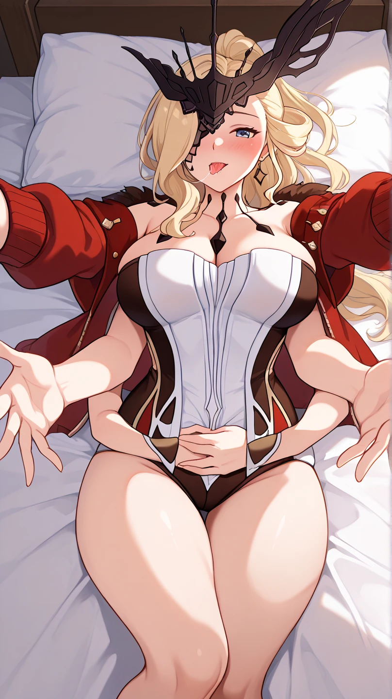 (((masterpiece,high resolution,best quality))), 1girl, solo,wine bottle,bare legs, large breasts, lying, on back, petals, looking at viewer, armpits, open mouth, solo, blush, wet clothes, heart, arms up, wet, bed sheet, origin, 1girl, red cape, boots, gloves, epaulettes, black corset, corset, black gloves, :d, black skirt, Pirotess, (yellow eyes), white hair, silver hair, very long hair, straight hair, solo, adult woman, tall, slightly muscular, large breasted, cleavage, constricted waist, Toned body, slight abs, thin dark skin, pointy ears, lipstick, makeup, black eyeshadow, circlet, white short dress, jewelry, bracelet, white gloves, thigh boots