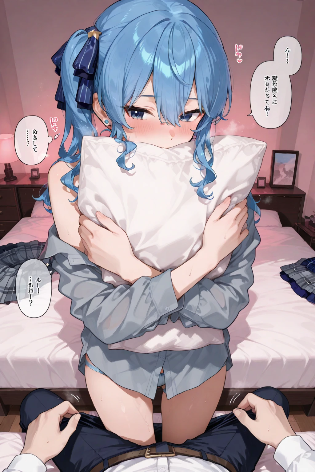 (8k, 最high quality)、Ultra-high resolution、Adorable、最high quality, beautiful, Absurd beauty,Ultra-high resolution、Bright blue hair、blue eyes、 girl、Small breasts、((Braided half bob hair))、uniform、Me in a knitted cardigan、Looks about 15 years old、 (cryin) ,Cute Characters, Most detailed, high quality、(missionary, 1boy, lying, vaginale, ass pov, sex, nsfw)、nose blush、steam、Oblique angle、Shiny Hair、非常に細かくてbeautiful明るい目、be scared、非常に精細でクリアでbeautiful顔, Being stripped of clothes、No clothes、Slender body、Awards, Anatomically correct、((Scared))