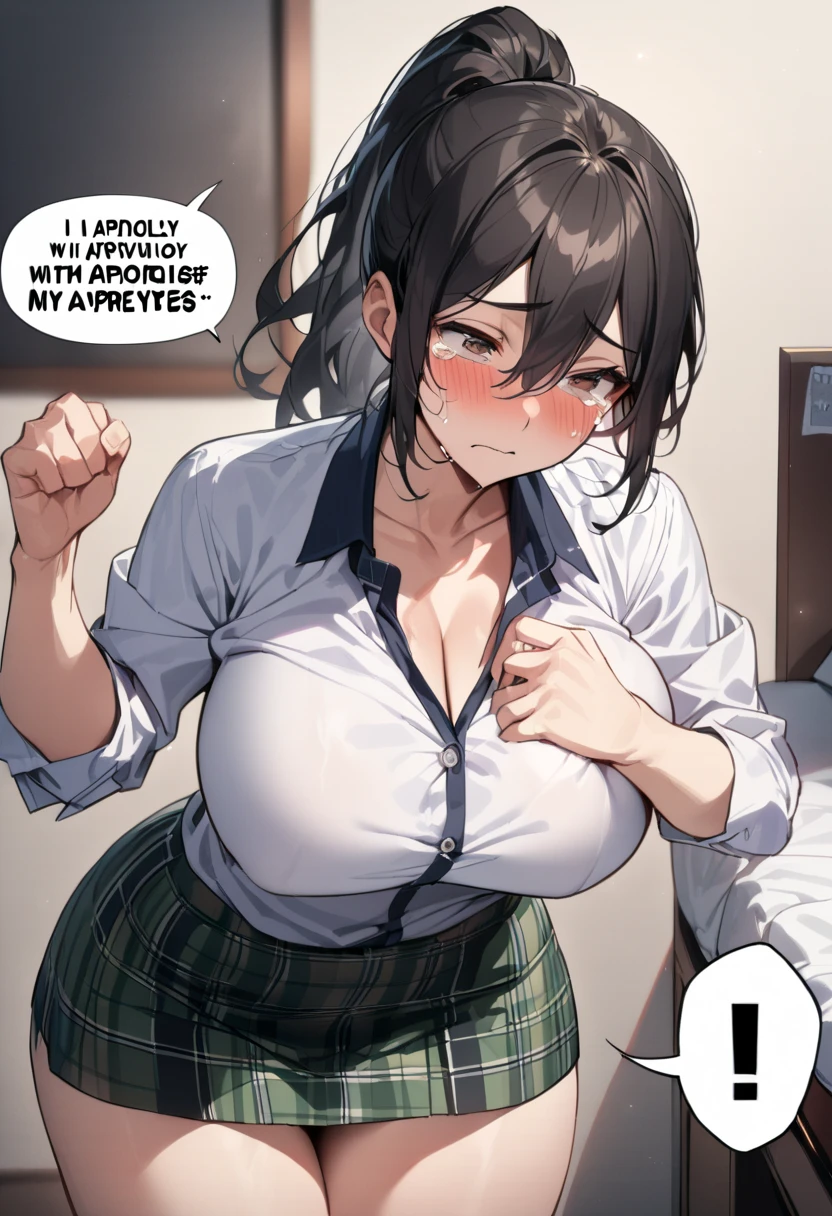 from above, slim waist, (in dark office: 1.3), (sitting on old stool: 1.2), (huge breast wearing unbuttoned shirt, showing dark maroon bra: 1.3), very short skirt, (thigh high boots: 1.2), (pained expression closed eyes, looking up: 1.4), (arms tied behind back: 1.2), (realistic cum on shoulders: 1.5), (cum on hair: 1.7), (dark and desaturated cold lighting: 1.3), (night time: 1.3), rim light, body contour lighting, coco, tape gagged, 