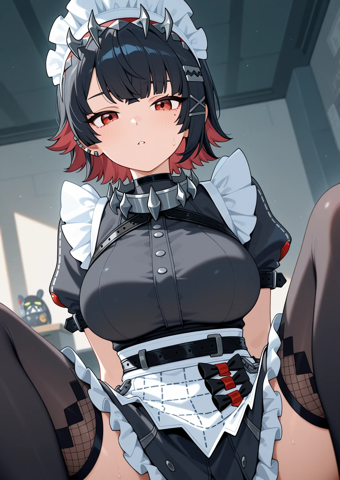 (((masterpiece,Highest Resolution,4K High Resolution,Crisp image quality:1.3)Pussy juice(Detailed Hair,garter belt,One Girl(Large Breasts) ,Maid,, Wrist cuff, Maidheaddress, Red eyes ,Two-tone hair with red on the inside,high school student,Vaginal cross section,A situation where a man and a girl are having intense sex)