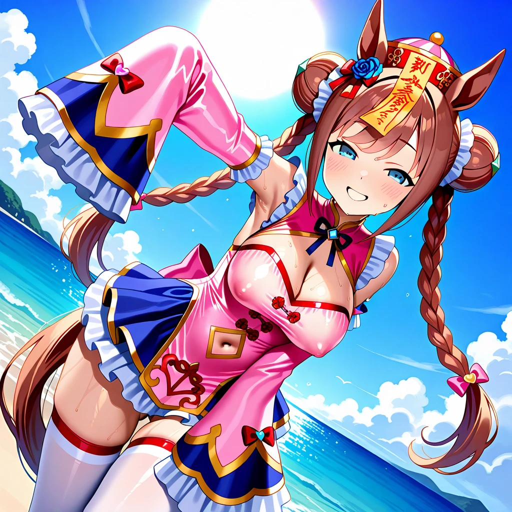 masterpiece, best quality, <lora:yukikaze:0.8>, 1girl, solo, looking at viewer, taimanin yukikaze, yukikaze, bodysuit, breasts, cameltoe, covered nipples, elbow gloves, outdoors, tan, upper body, portrait, portraits, smile,