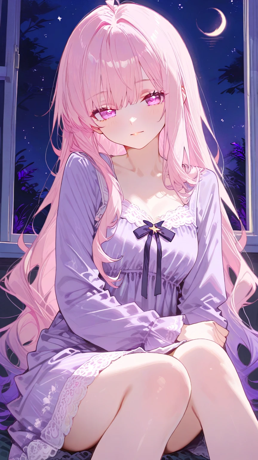 Masterpiece, best qualiy, Ultra Verbose, break, 1girls, nightgown,a smirk, ((Pink Long Hair)),Blue eyes, break, lie face down, break, Bed, ((night)), Window, luna,