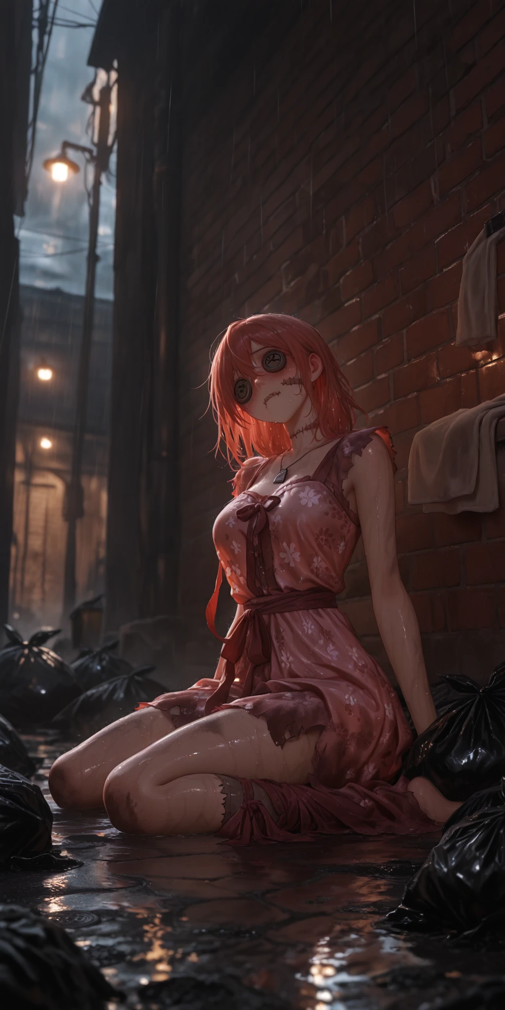 1girl, red bright pupils, vista, panorama, maid outfit, white blood-stained stockings, hair stained with blood, medium breasts, blood tears, blood stained face, blood stained on clothes, gloomy atmosphere, core shadow, low light, dark background, full body panorama, panic, devil's corner, standing, red, in a restaurant, tables and chairs around, tables and chairs turned over, fight marks, blood on the ground, blood stains on the wall, murder weapon, creepy, desperate, super delicate face, 8k, masterpiece --auto --s2