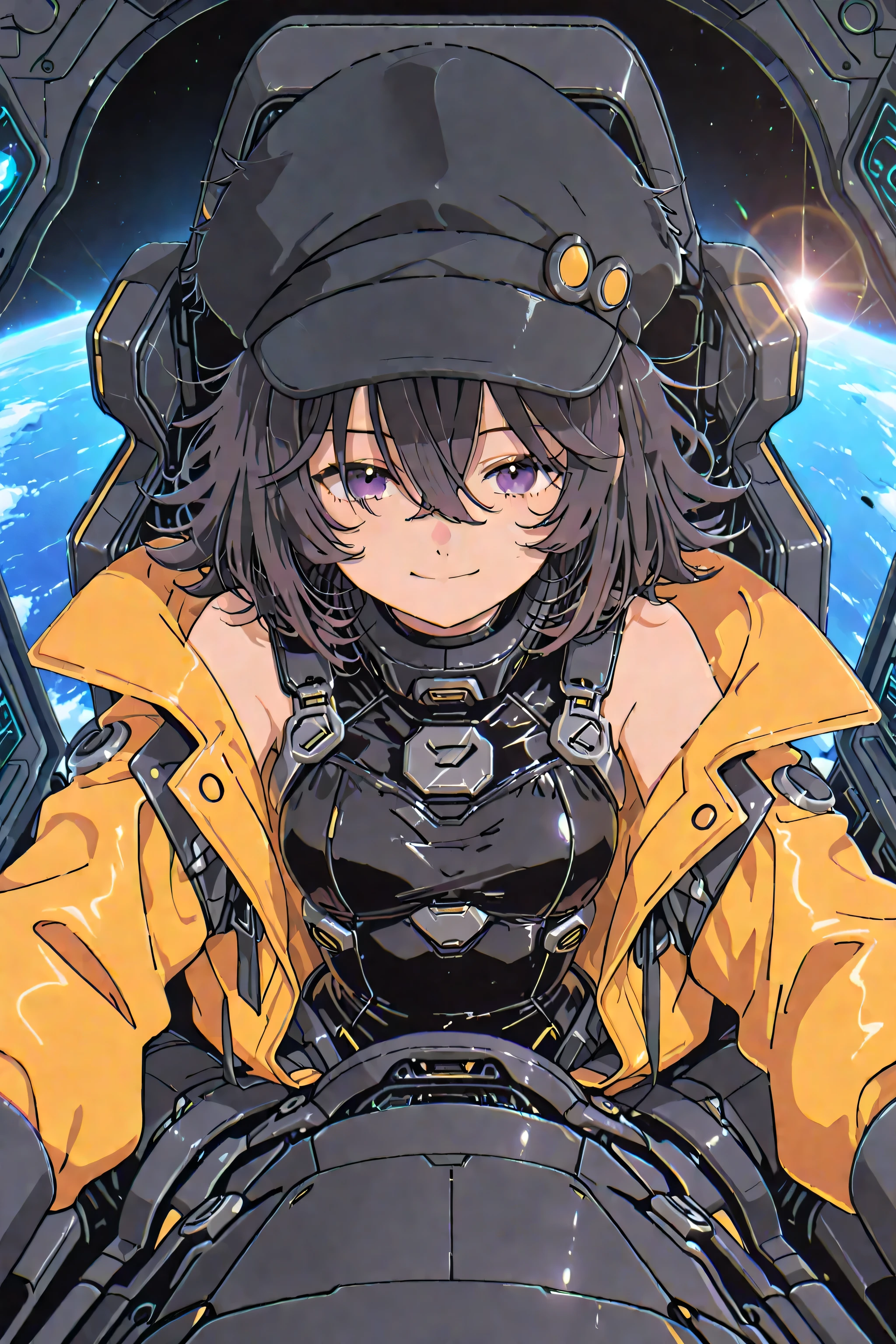 Anime sf masterpiece, top quality Small and delicate figure Anime、 、dark hair、flipped hair 、messy hair hair between eyes Smile Yang black sleeveless techno suit yellow jacket and black hat lens flare upper body, from the front, from above, space colony on the background in the cockpit