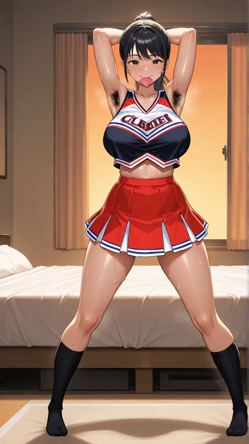 1woman, Pregnant goddess, mature, cheerleader, red skirt, white top, fishnet leggings, wavy red hair, cheerleader outfit, realistic, high definition, 4k