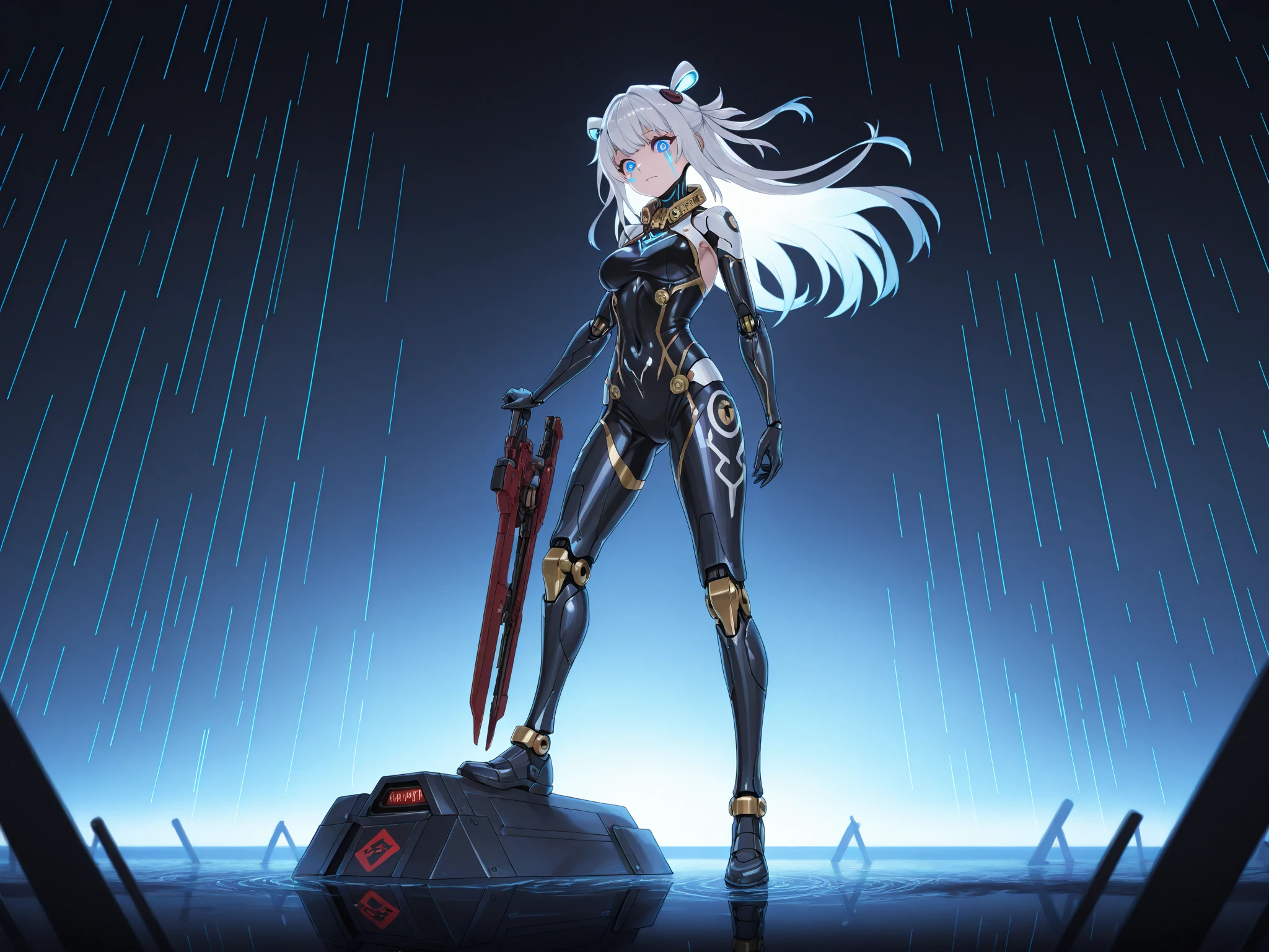 haveรายละเอียดมาก, clear, beautiful body, Beautiful nose, Beautiful character design, perfect eyes, perfect face, very high, 4k, Beautiful legs, perfect legs, good hand, perfect hand, Masterpiece, best quality, haveรายละเอียดสูง, illustration, nonsense, perfect anatomy, street fighter, doll set, Chadaloo Doll, doll set, expressionless, ดวงempty eyes, look at viewer, red gloves, Emotionless, black Latex, corruption, mind control, female warrior, full body, hypnotized, ความมึนงงที่ไม่haveความสุข, full body suit, ชุดบอดี้สูทแบบhaveจั๊ม, Both arms are at the sides., obey, perfect woman's body, extremely glossy Latex, hypnosis, Hipnolora, empty eyes, mind control device, Poses, give up_Pose, slave, stand straight, stand, stand at attention, have, necktie, belt, Latex, ชุดบอดี้สูทแบบhaveจั๊ม, thigh high, garter belt, fighting posture, Extend your right arm away from your shoulder into the air with your hand straight., soldier, Ankle boots, 1 girl, hair accessories, white hair, long hair, blue eyes, (((pixel perfect, perfect details))), alone, 1 girl, Rei Hatada, Christa, crown, holding a sword, low wings, feather wings, Hair color inside,