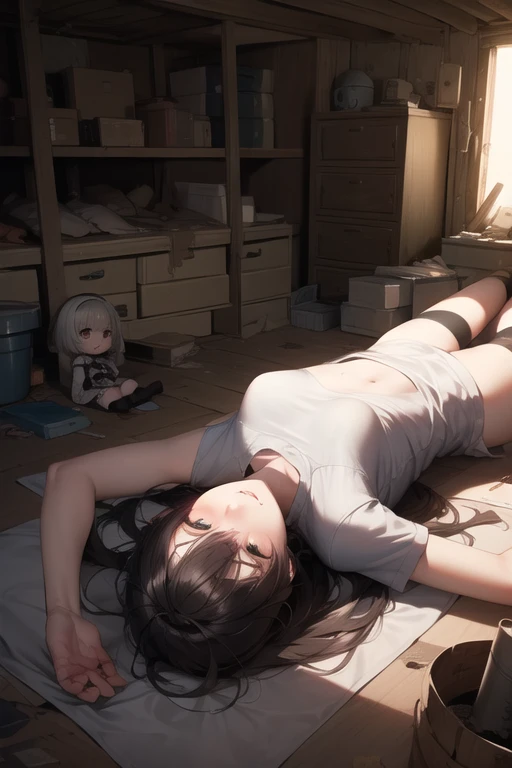 ((Highest quality)), ((masterpiece)), (detailed),((nymph)),10 years old, Black Hair,(Childish face), (Straight Hair), Girl ,Medium Breasts , ((Sleeping)), ((Close your eyes)) , ((Naked)),((topless)), ((Full body shot)), Are sleeping, ((lying on back)), ((Inside the room)), ((ruins)), In the ruins ,Lying Down ,