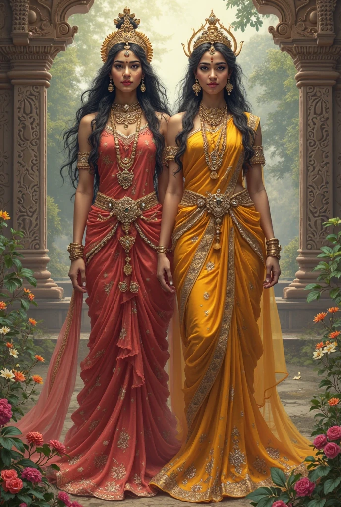 Beautiful Goddess Sisters, whole body, Indian goddess dressed in Indian flag motif, Bangladeshi goddess dressed in a costume based on the Bangladeshi flag