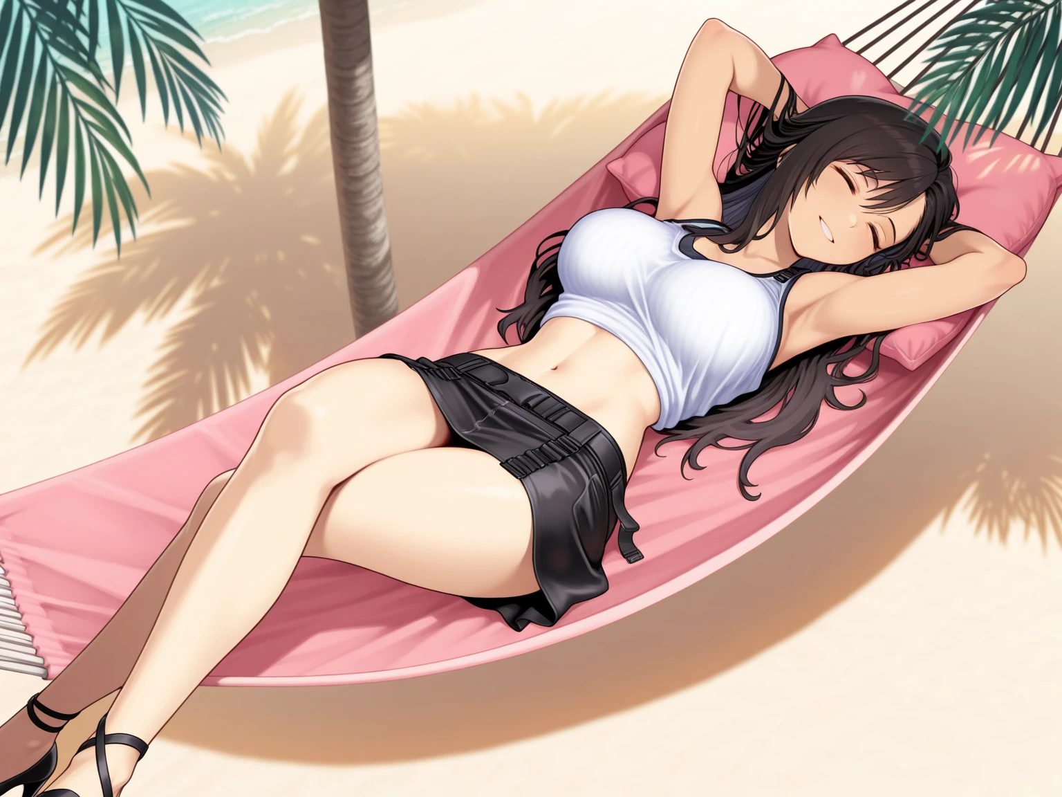 full body sleeping woman on bed, yellow tiger bikini