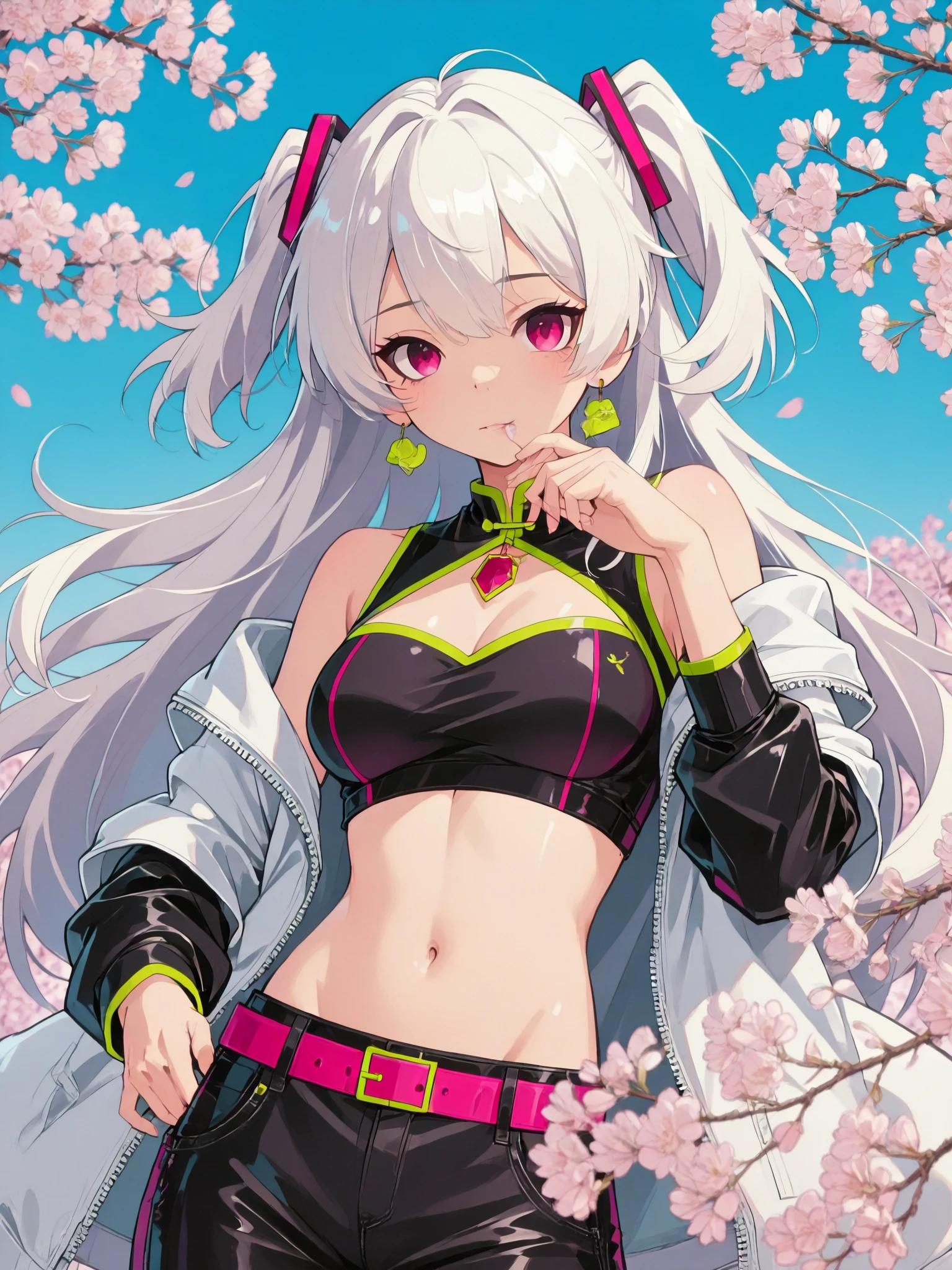 (busty girl), (white jacket), (light pink)tanktop, (pink thong)(high-leg)(high-cut), erect nipples, Narrow constricted waist, belly button, Small hips, bare hips, (partially exposed)vulva(labia), (blond hair)buns(twintails), White ribbon, Dark Eyes, blue eyes, sunny, clitoris(crotch wedge)cameltoe