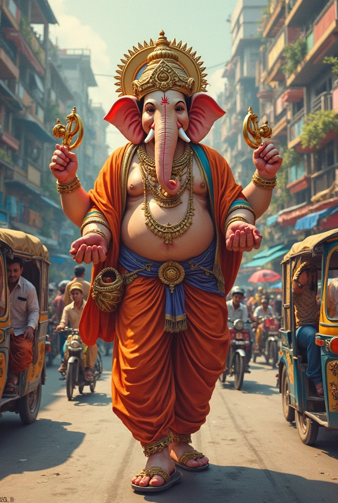 "Imagine GaneshJi, the revered Hindu deity, strolling down a bustling road. He holds a colorful umbrella in his hand, which contrasts with his traditional attire and the lively urban backdrop. The scene blends the divine with the everyday, show casing Ganesh Ji's serene presence amidst the modern world."
