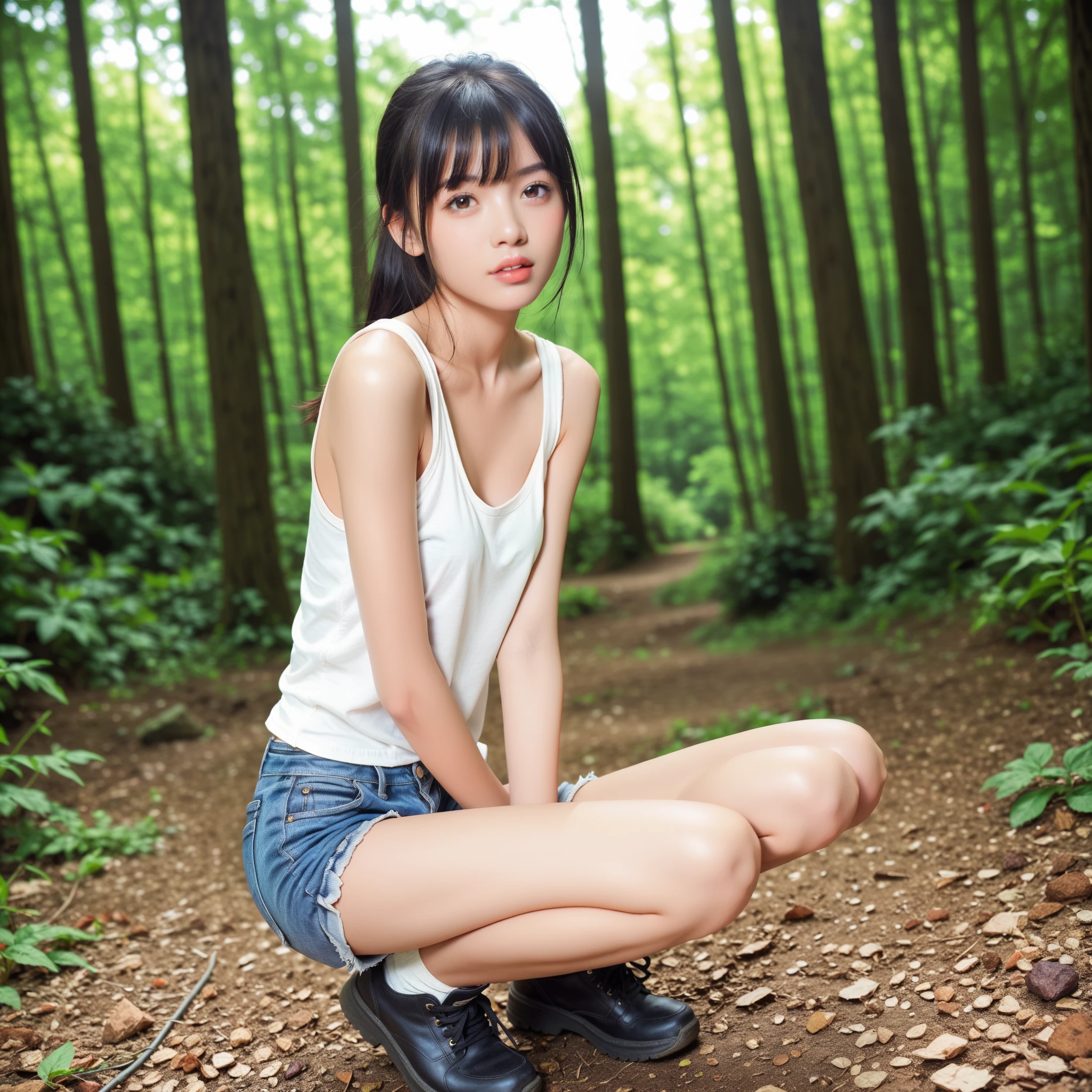 crouching down、お漏らし、young single woman。female pervert, puffy niples_white tit, how-to, _Juice, public_hair,,, Uncensored、public_Labia