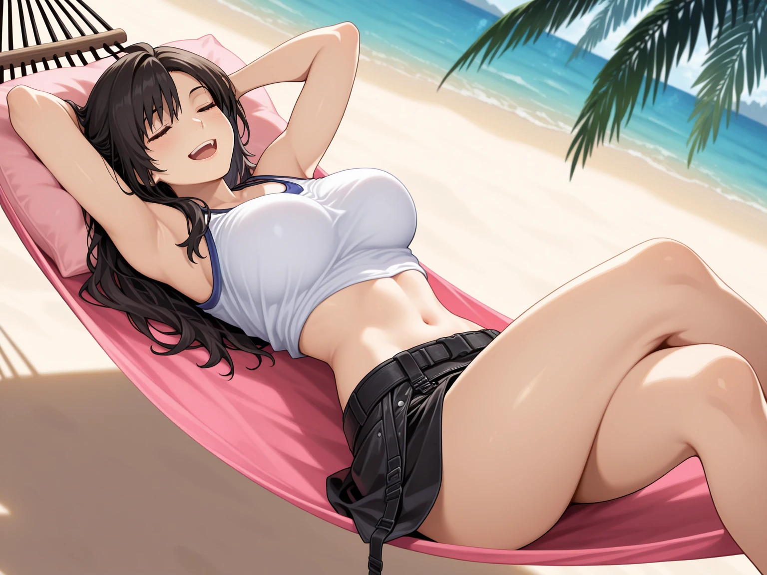 A hot anime woman on the beach playing with an all black racket in her right hand in black color