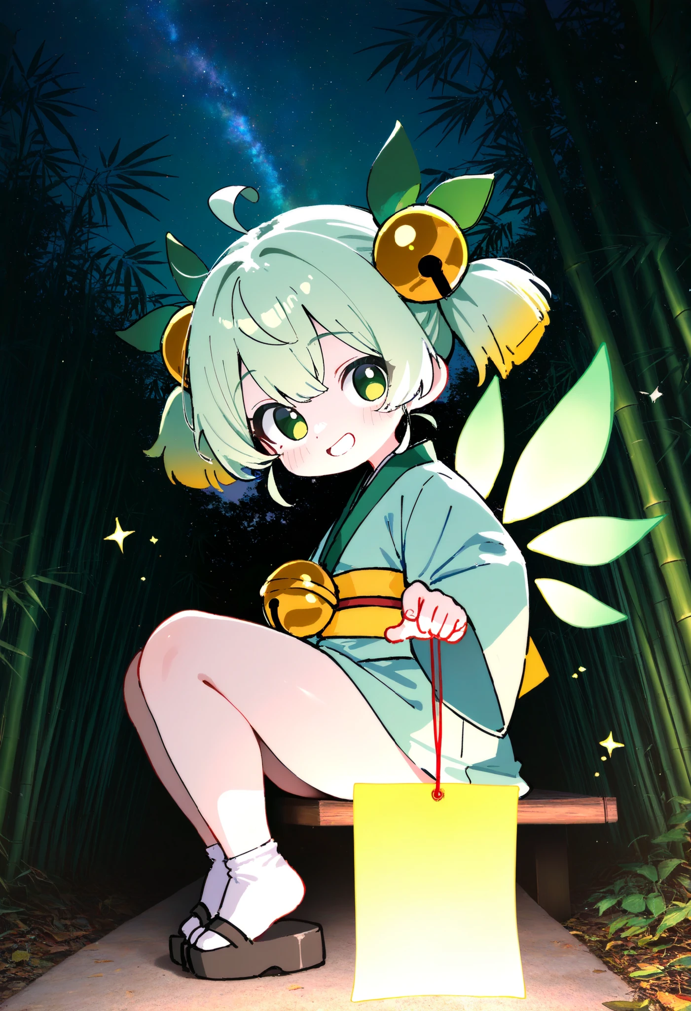 gaze averted:1.8, looking off to the side:1.8, not making eye contact:1.8, distracted expression:1.8, a tiny fairy sitting gently on a bamboo leaf, with transparent leaf-vein-like wings, short-cut hair styled into large looped twin-tails on both sides of her head, resembling bamboo leaves, soft green to yellow-green gradient hair, delicate texture like foliage, each loop secured with traditional Japanese bell (suzu) hair ornaments, smiling gently while reaching toward a glowing tanzaku (wish tag)

photo background: navy stary sky, surrounded by floating sparkles, under a starlit sky, mystical and elegant Japanese fantasy atmosphere, tanabata night
