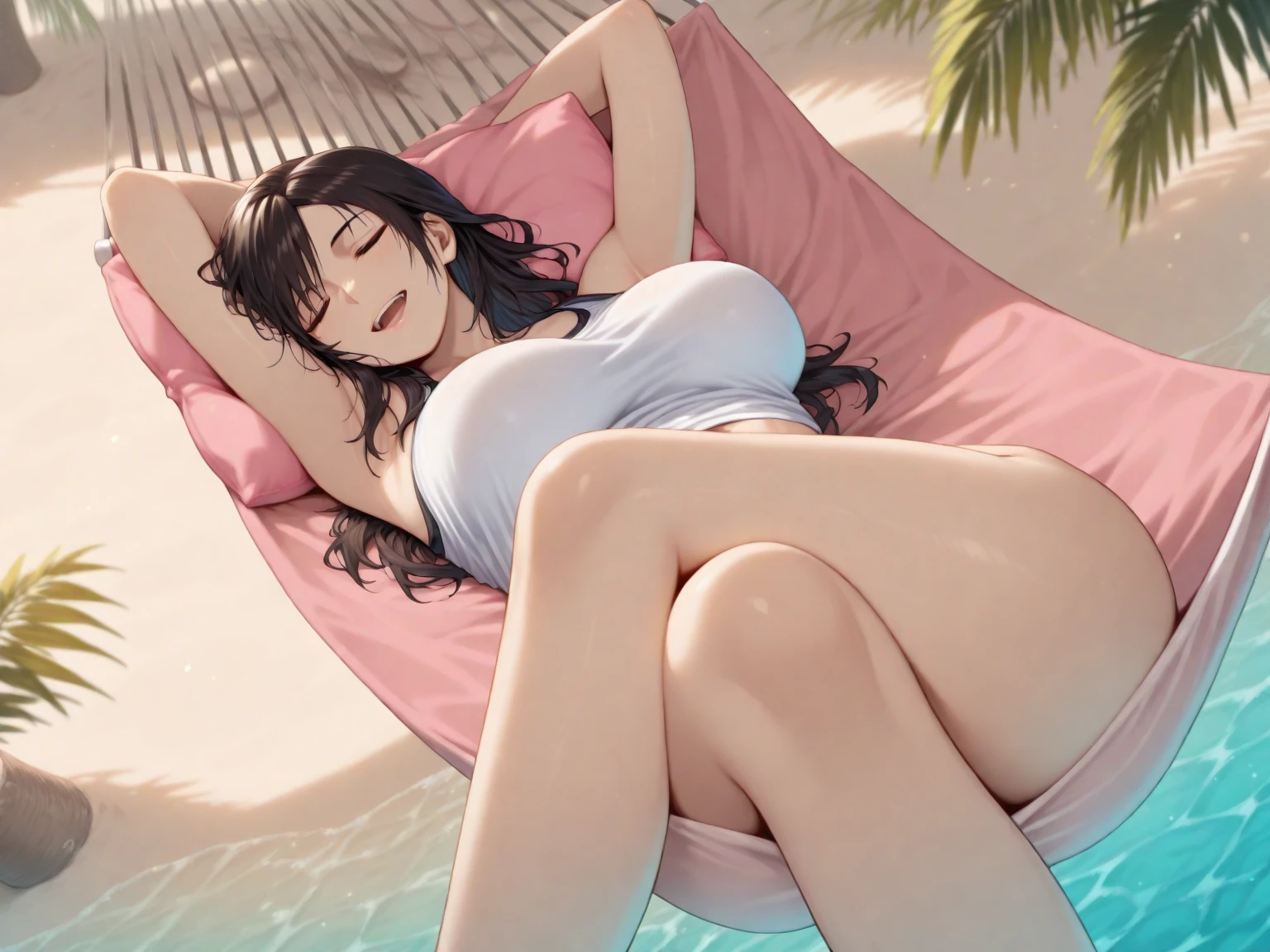 score_9, score_8_up, score_7_up, 1girl, solo, Tifa, red eyes, long hair, purple lined bikini, lying on stomach, topless, legs up, looking at you, beach,