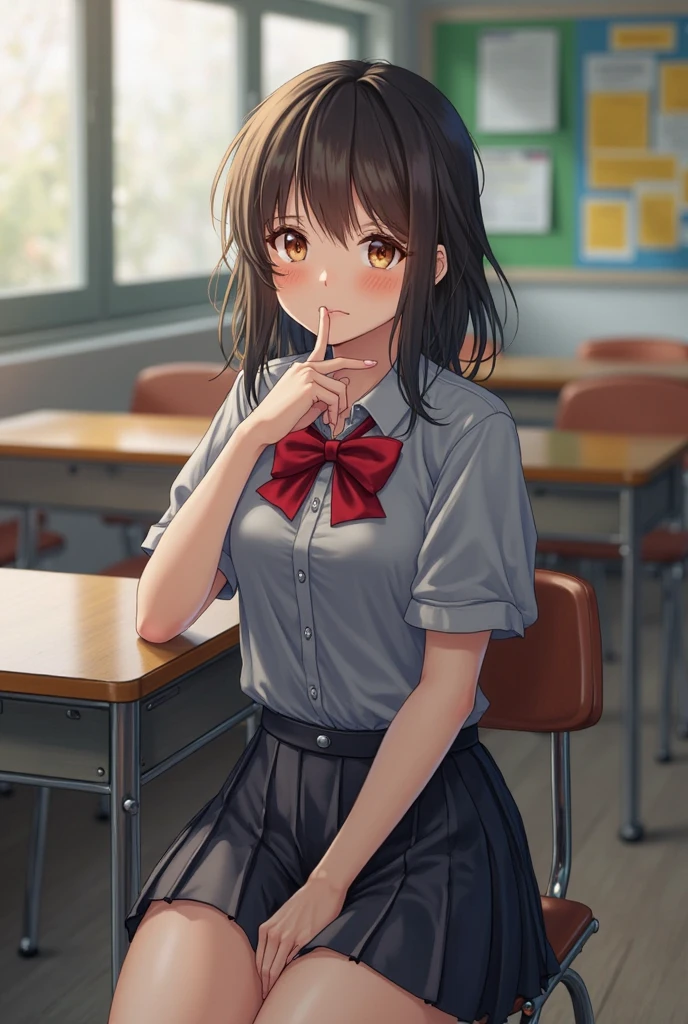 ((Tabletop, Highest quality, High resolution, Hmph, Pixel perfect, 4K, Hmph, Hmph))), One Girl, single, alone, Beauty、The whole body is visible、 ((Medium length wavy hair, bangs, Brown Hair)), ((Brown eyes, Beautiful eyelashes, Realistic eyes)), ((Detailed face, blush:1.2)), ((Smooth texture:0.75, Realistic texture:0.65, Realistic:1.1, Anime CG style)), Medium chest, Dynamic Angle, Perfect body, ((school uniform, White shirt, Black Skirt, Unbuttoned shirt、Checked skirt、I'm not wearing shoes、White Sox)), An empty classroom、Sit at a desk、Lower'I took my feet off the desk......................................、evening、、、Very embarrassing panic smile、(Lift up your skirt with your right hand、Spread your legs、Open your knees wide、No underwear、(?????? erection)、No bra、Angle from below