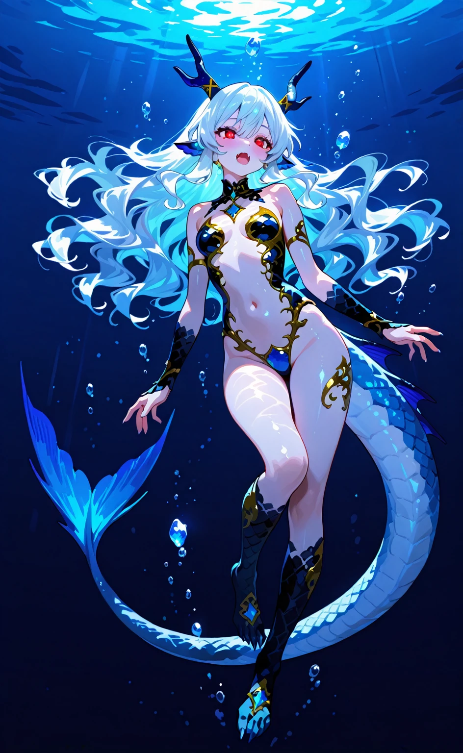 On a moonlit night, furry anthro, kemono, mermaid, a beautiful woman with bright shining scales on her skin dances gracefully on a white sandy beach Her beautiful face and brightly colored shining eyes The sea and the woman's scales shining faintly in the moonlight. Detailed drawing Vivid colors High image quality,