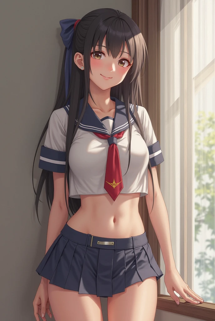 one-girl, loli, cute , small breasts, long hair, thin leg, mess up hair with hands, middle School girls, exposing your navel