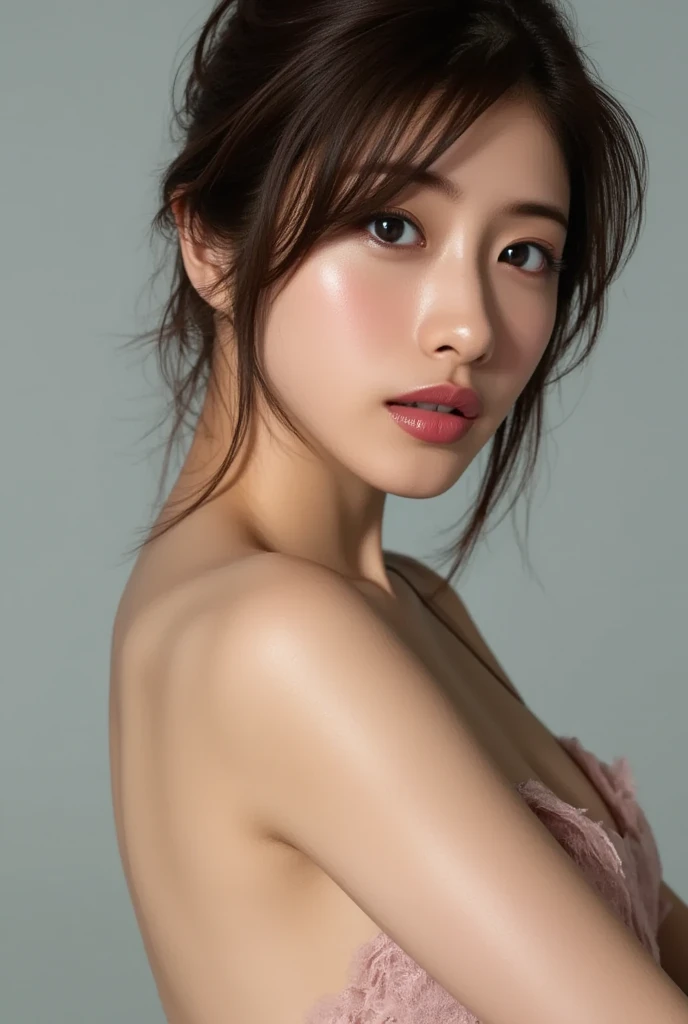8K, of the highest quality, masutepiece:1.2), (Realistic, Photorealsitic:1.37), of the highest quality, masutepiece, Beautiful young woman, Pensive expression, Gentle eyes, naked、Lovers、Hair tied back, Messy mood, Cinematic background, Light skin tone