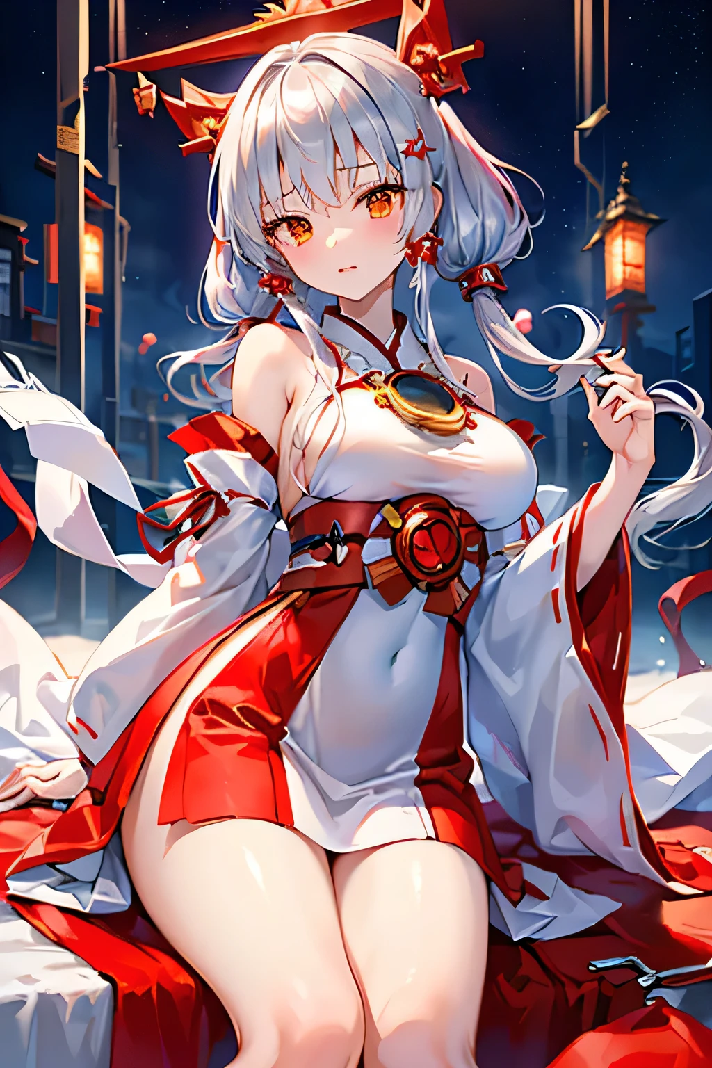 Shrine Maiden Costume、No underwear、No bra、I flipped up my skirt、Wet pussy。beautiful girl with twin tails、Silver Hair、Young girl、Small breastplate、highest quality。highest quality、Fox Ears、Fox's Tail、nine tailed fox、((An inviting gaze、Spread your legs、Spread your with your fingers、Her clothes are open and her breasts are visible、))、On the bed、Get on all fours and raise your butt、Rear view、View here、Dripping love juice、