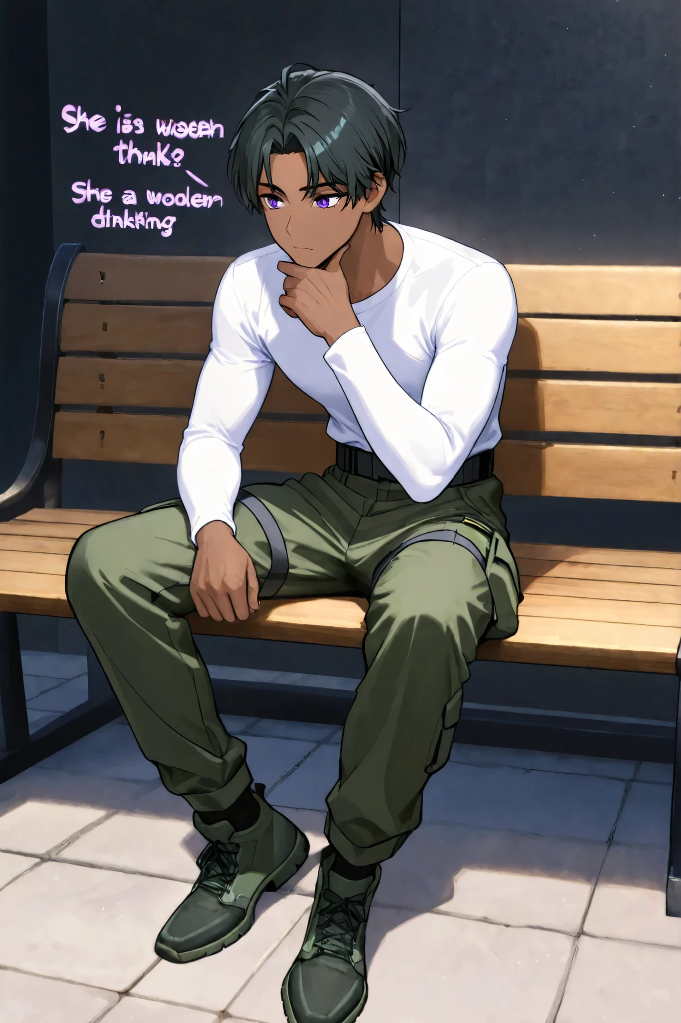A dark-skinned boy with purple eyes black hair, Wearing a white sleeve shirt and dark green cargo pants with a black high-top trail shoe, He is sitting on a wooden bench thinking, in a futuristic setting with sakura trees all around.